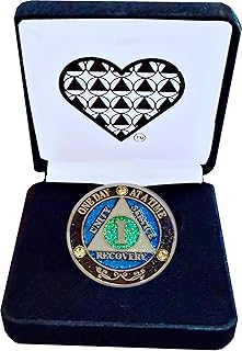 AA 1-Year Crystal & Blue Glitter Sobriety Coin – Black Velvet Gift Box with Heart AA Symbol – Elegant Anniversary Token – Unisex Recovery Gift