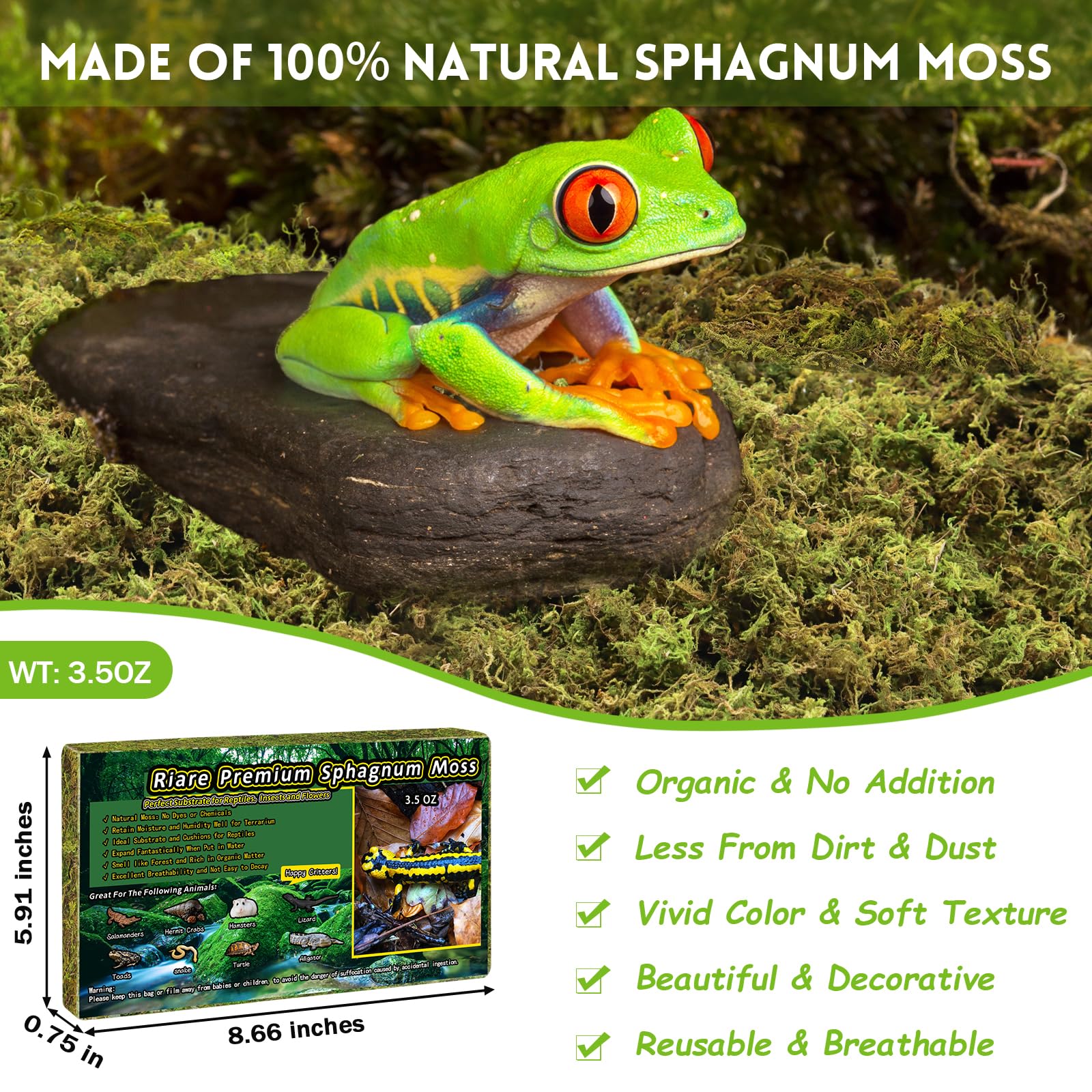 Riare 3.5 OZ Premium Sphagnum Moss for Reptiles- 4QT Natural Live Moss Reptile Moss Bedding for Terrarium, Hatching, Forest Sphagnum Moss Reptile Substrate for Snakes, Gecko, Turtles, Frogs, Leopard - image 2