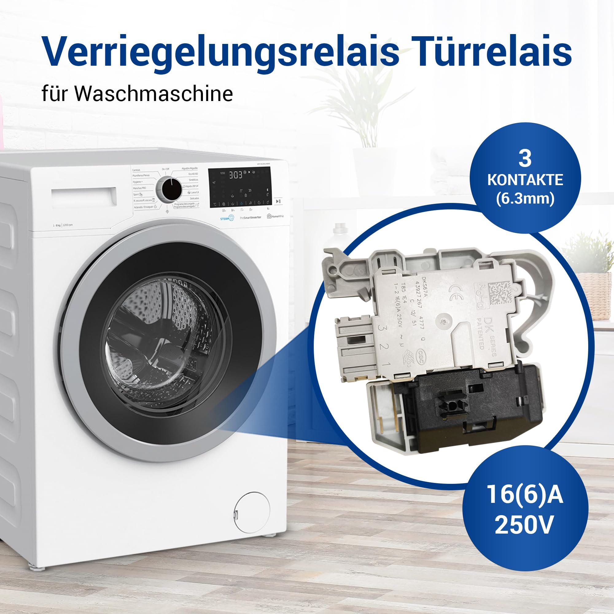 VIOKS Türverriegelung Waschmaschine Ersatz für Bosch Siеmens Neff 00638259 | Türschloss Verriegelungsrelais, 3 x 6,3 mm AMP, für iQ100 iQ300 iQ500 iQ700 VarioPerfect Logixx Waschtrockner