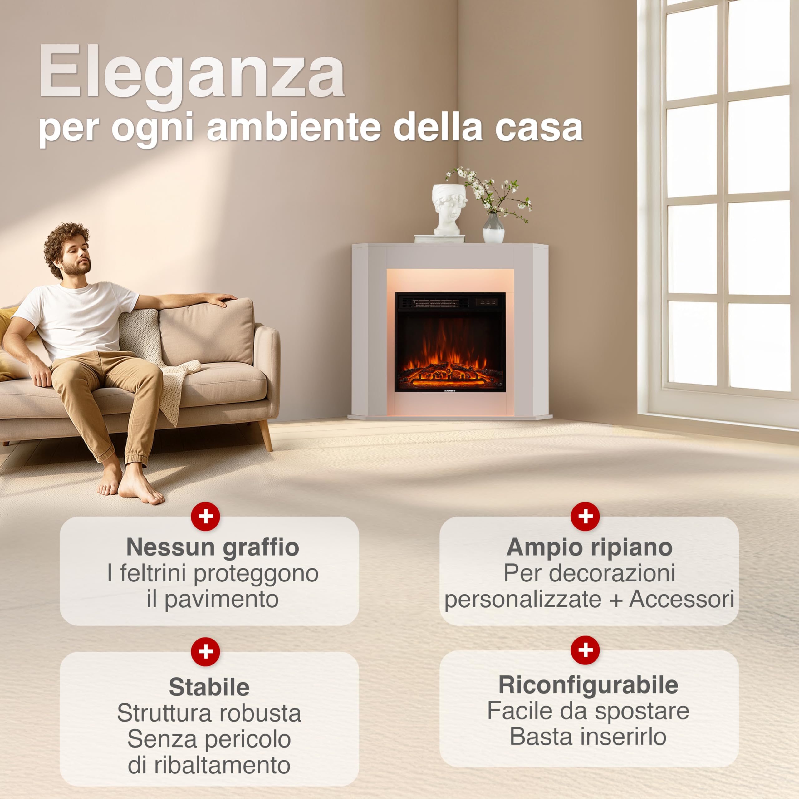 KAMINIO® Matti ANGOLARE Bianco Camino elettrico da appoggio | Caminetto elettrico da terra decorativo, termocamino con effetto fuoco 3D, LED d'ambiente, timer, termostato e telecomando