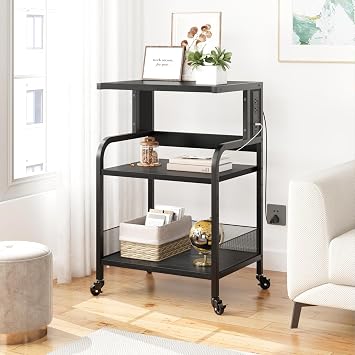 Large Printer Stand with Power Outlets and USB Charging Ports, 3 Tier Rolling Printer Cart with Adjustable Storage Shelf Mobile Printer Table with Adjustable Shelffor Home Office
