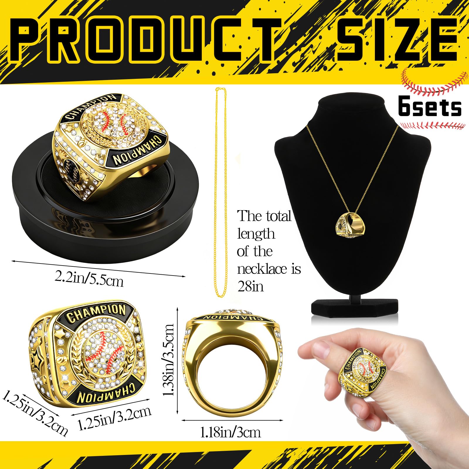 Baseball-Meisterschaftsringe, Gold, Baseball-Meisterschaft, Trophäenringe mit Halskette, Sportball, Auszeichnung, Geschenk für Champion-Gewinner, Turnier-Team-Preis, Gastgeschenk