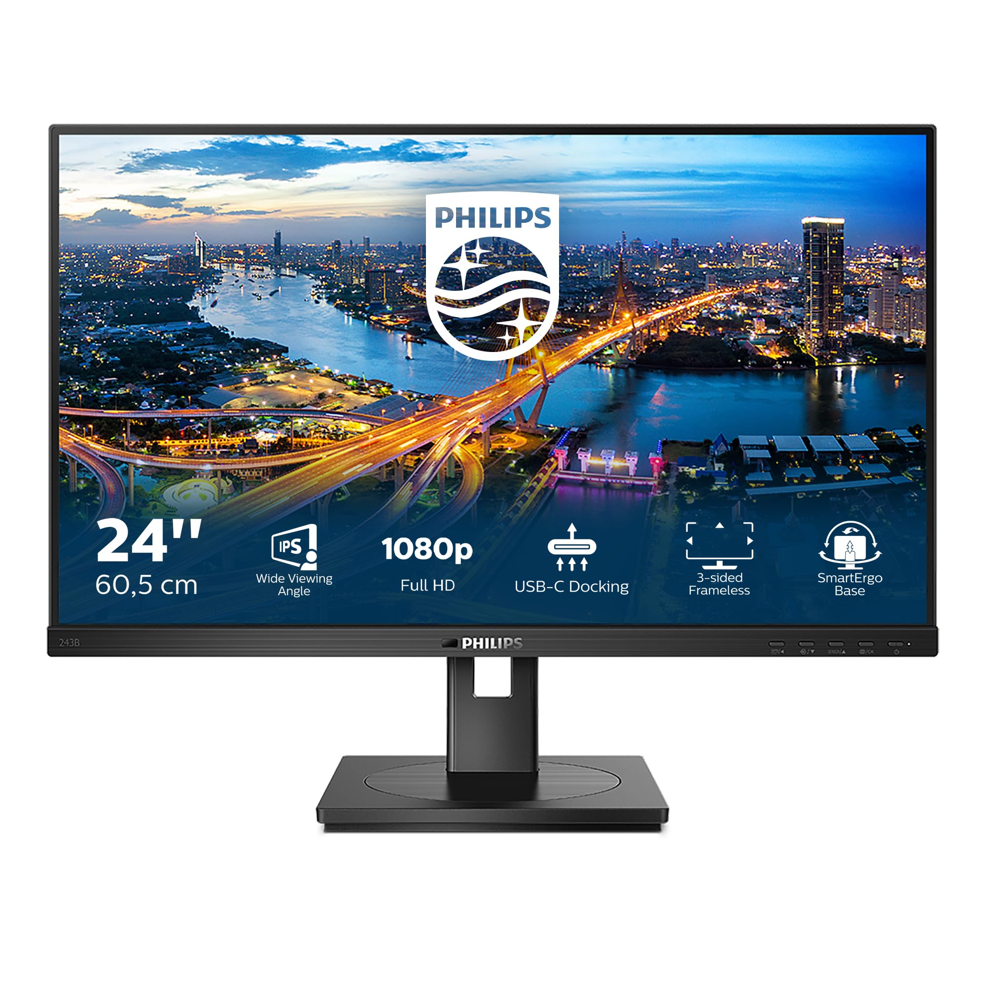 Philips 243B1-24 Zoll FHD USB-C Docking Monitor, höhenverstellbar (1920x1080, 75 Hz, HDMI, DisplayPort, USB-C, RJ45, USB Hub) schwarz