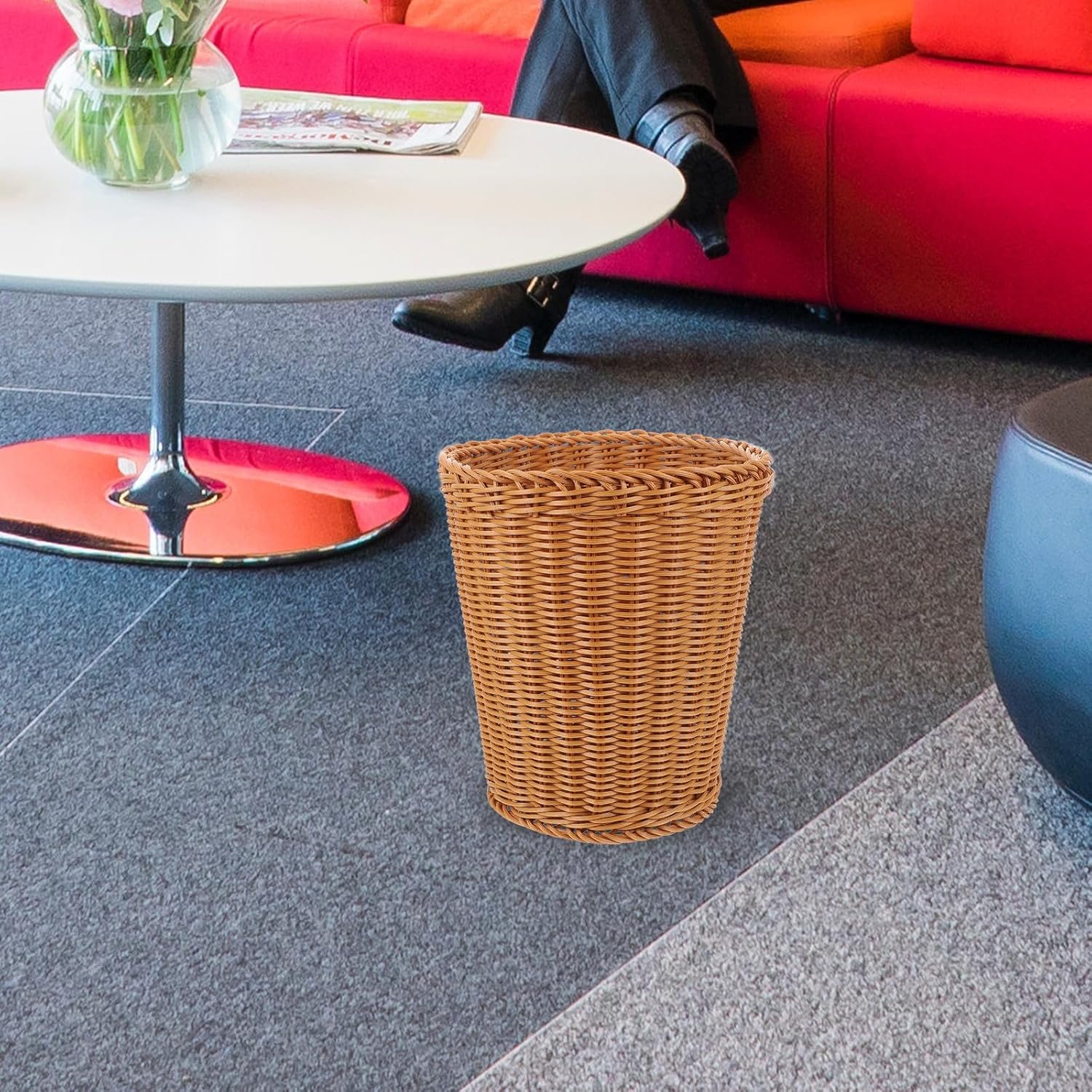 Woven Trash Can Large Capacity Storage Bin Round Plastic Wastebasket Brown Open Top Sundries Container for Home Office Bathroom Organization