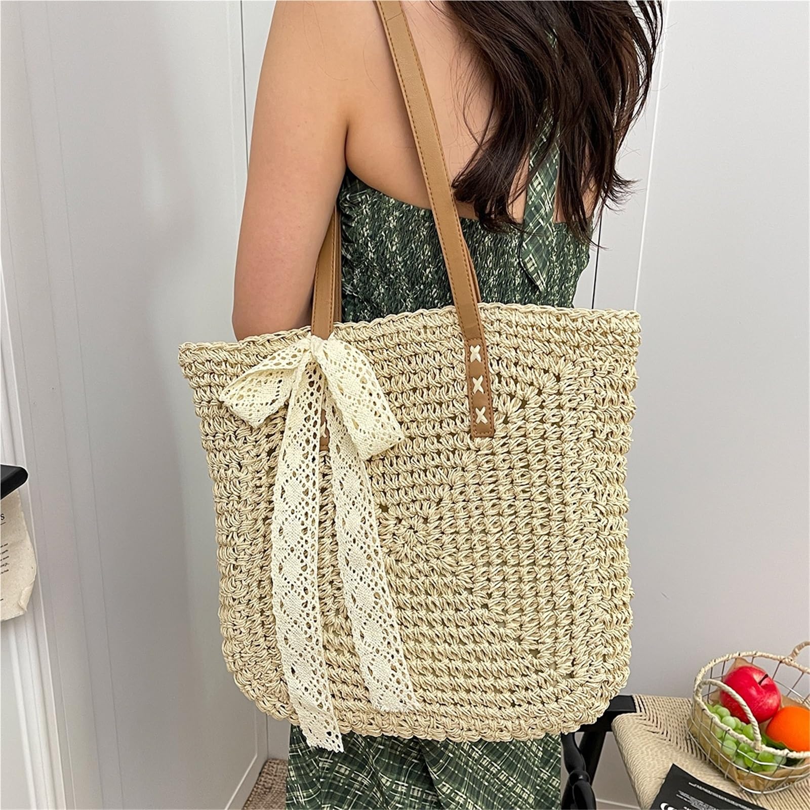 borsa donna estiva Borsa for la spesa a spalla intrecciata in paglia casual da donna di grande capacità spiaggia