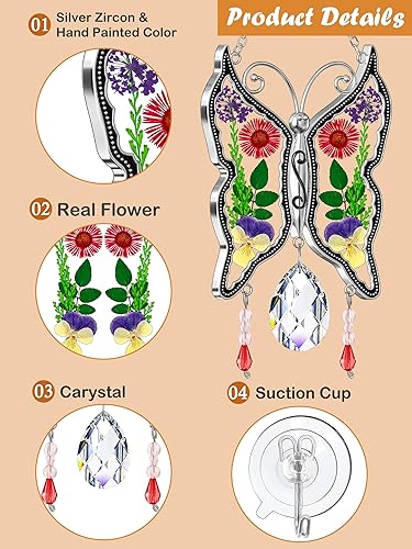 Miniatura 7 de KY&BOSAM Regalos para mamá, atrapasoles de mariposa de cristal para ventanas, campanillas de viento con alas de flores reales prensadas con dije de