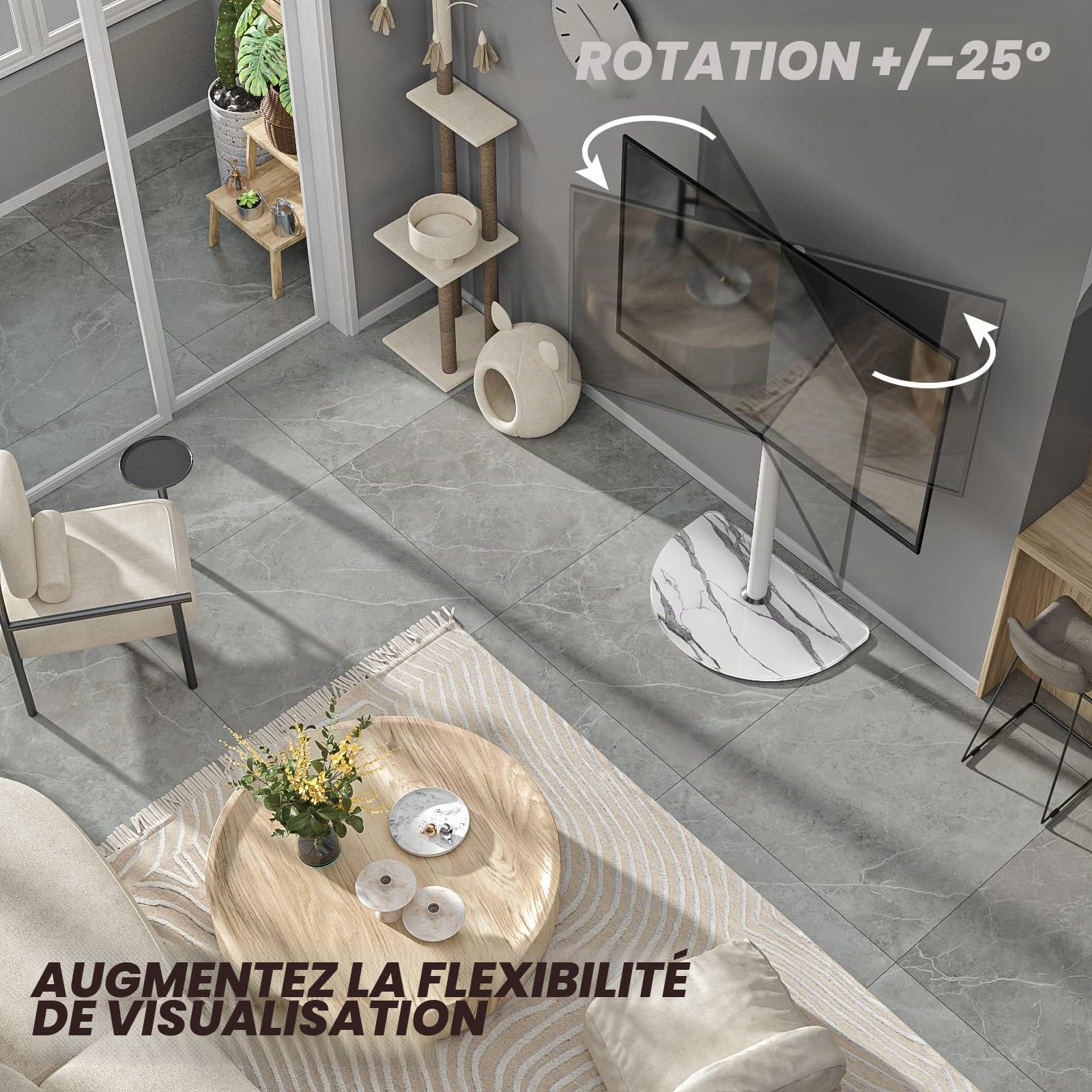 RFIVER Support TV au Sol pour Écrans Plats LED LCD OLED de 32 à 65 Pouces avec Pivot ± 25 Degrés, Hauteur Réglable, Support d’angle pour TV jusqu’à 40 kg, Gestion des Câbles et Facilité de Montage