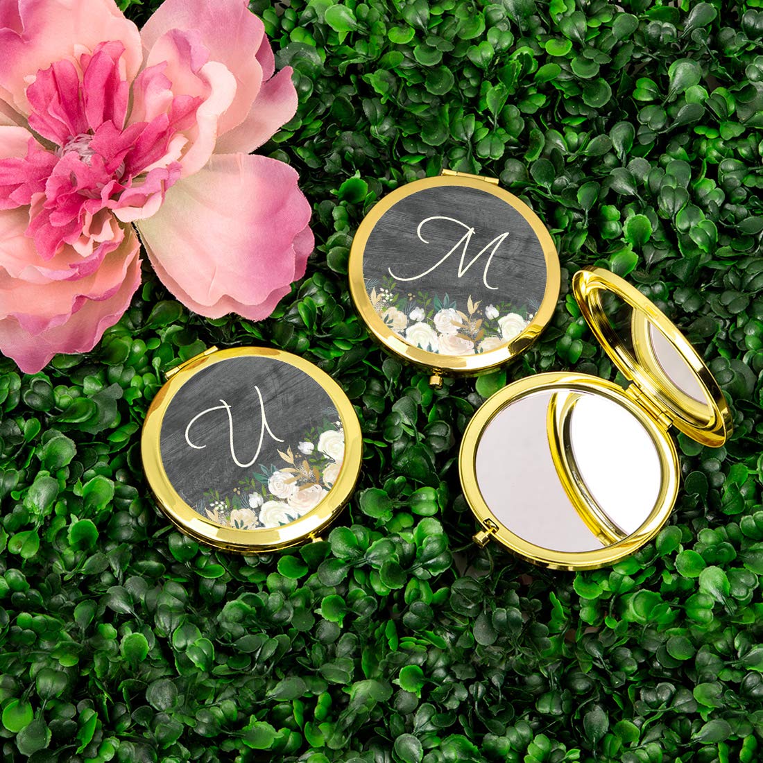 Andaz Press Gold Compact Mirror Bridesmaid's Wedding Party Gift, Monogram Alphabet Initial Letter U, Farmhouse Rustic Gray Wood Ivory Floral Flower Roses, 1-Pack, Maid of Honor Bridal Party Gift Ideas