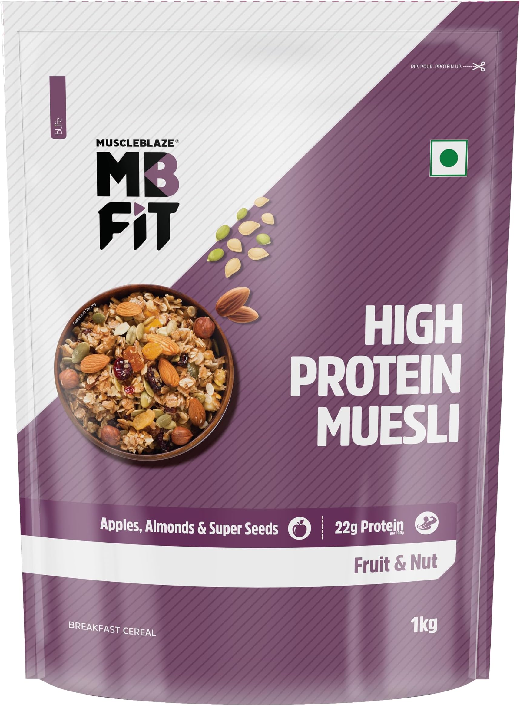 MuscleBlaze Fit High Protein Muesli (1kg, Fruits & Nut) | 22g Protein | With Apple, Almonds & Super Seeds, High Protein Breakfast Cereals