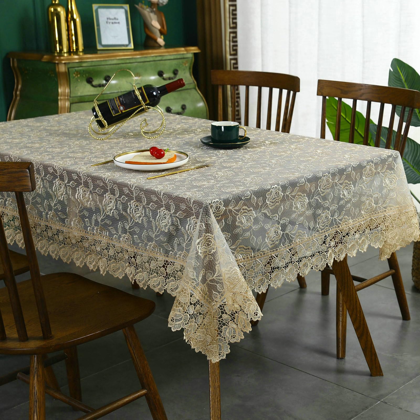 Tischdecke 130x130 cm, Blume Spitze Stickerei Polyester, Beige