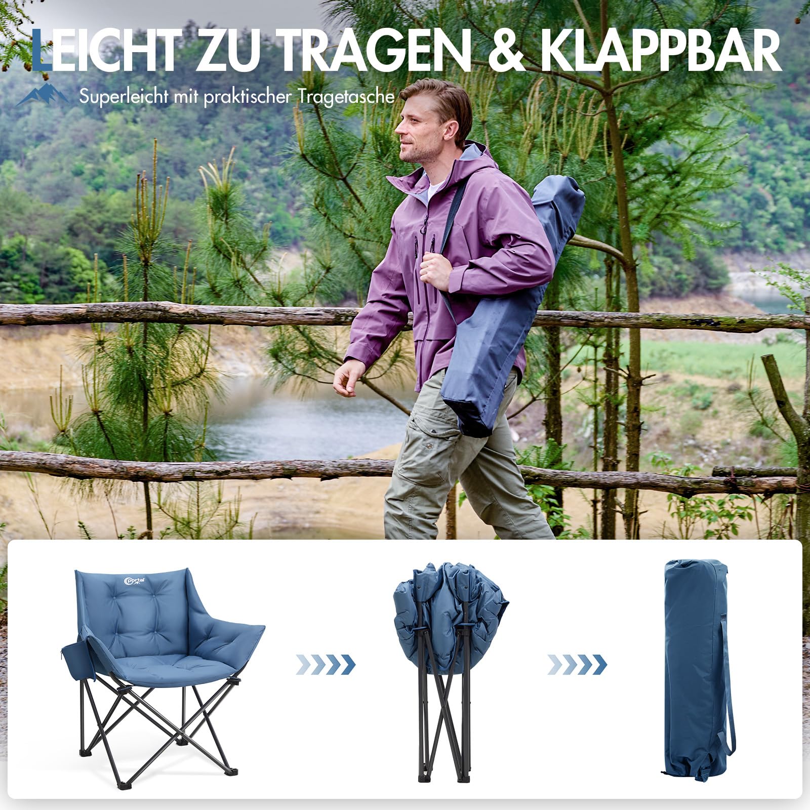 Portal Campingstuhl Faltbar Klappstuhl Camping Klappbar Super Weich 150kg Belastbar Faltbarer Angelstuhl XXL Dick Gepolstert mit Armlehnen Outdoorstuhl Schwarz