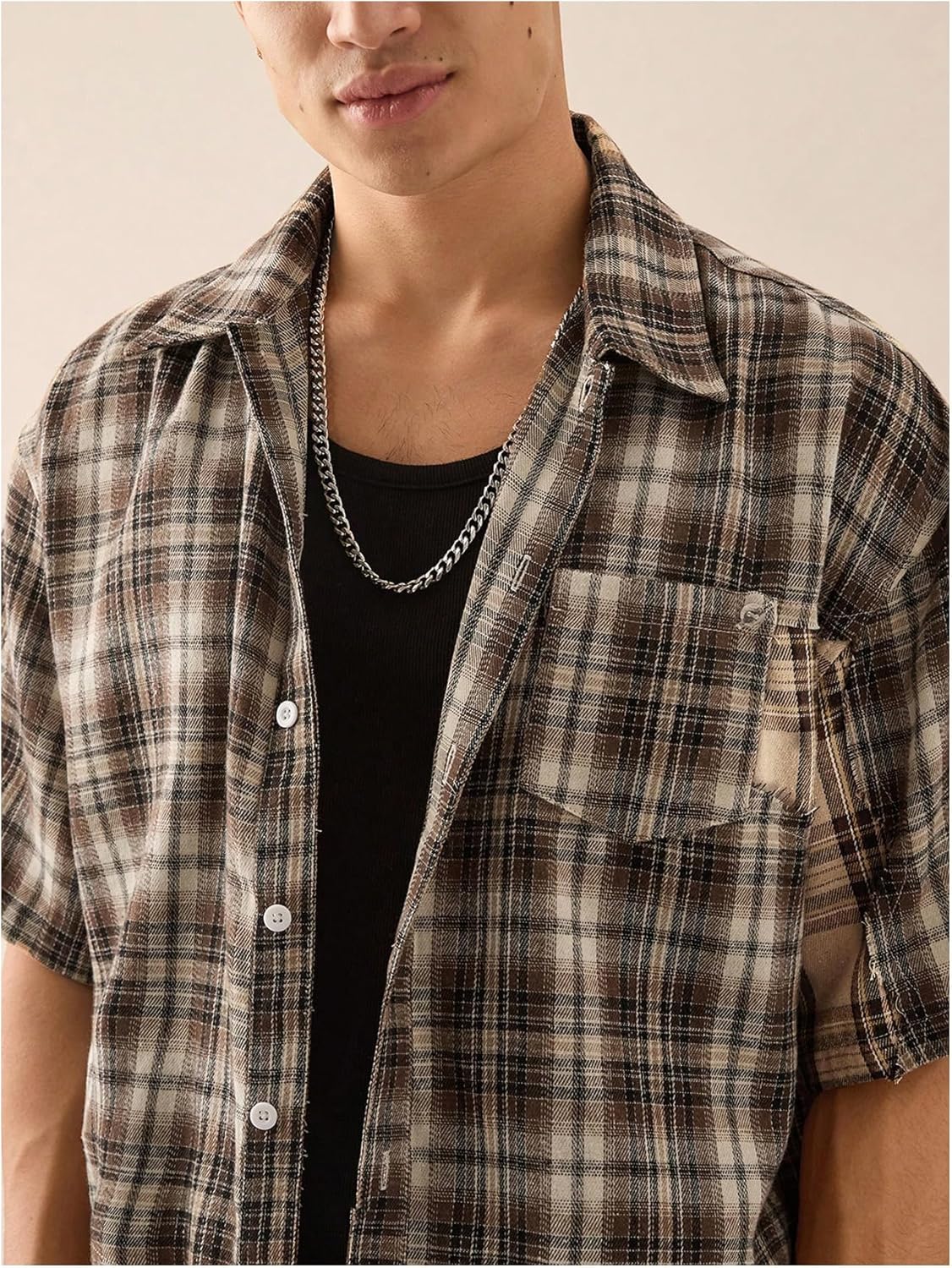 GORGLITTER Men's Striped Boxy Copped Shirt Pocket Patched Button Up Short Sleeve Baggy Cropped Tops - Image 3