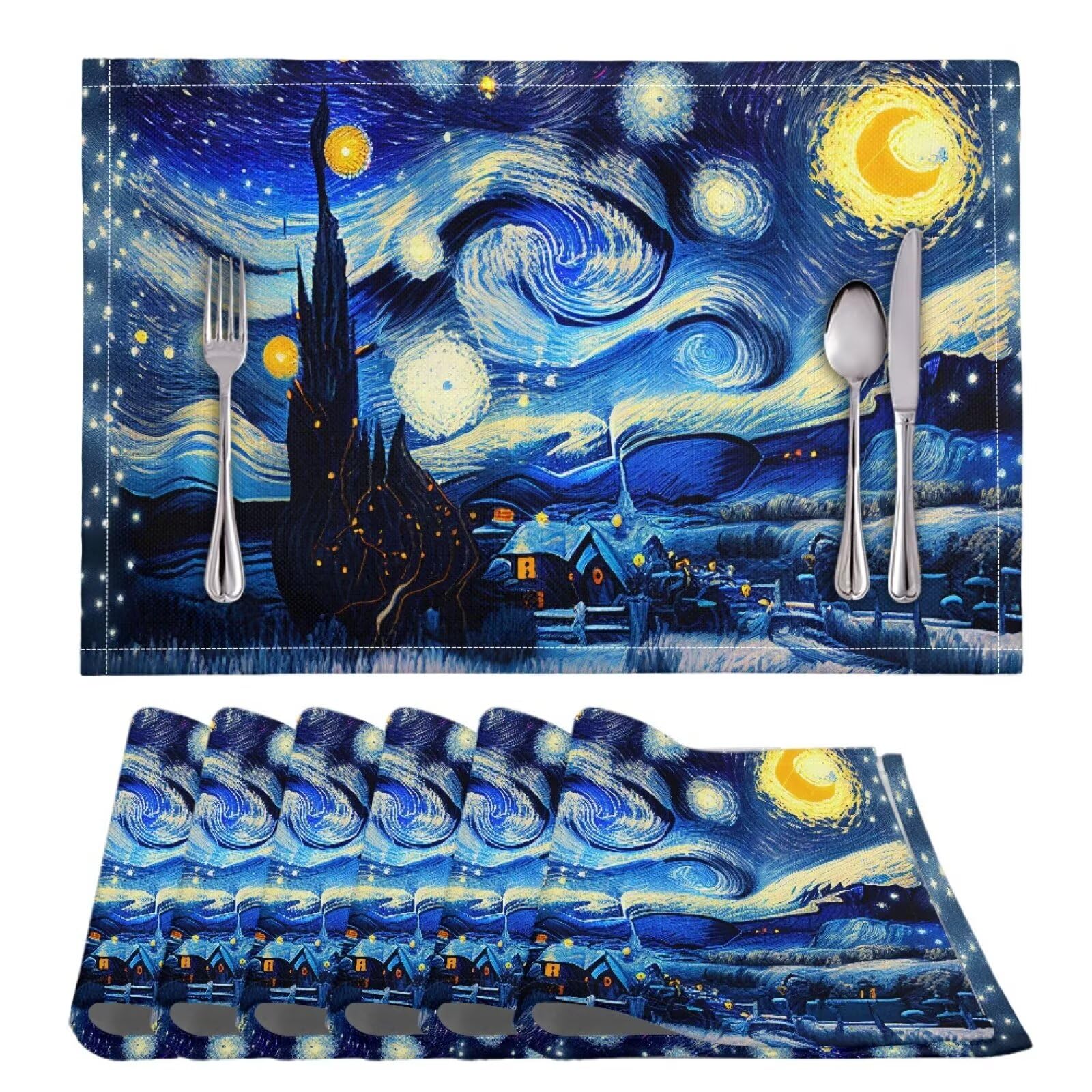 Urndoeng Placemats Set of 4,Table Placemats,Dining Table Set,Kitchen Mat,Starry Night Placemat,Starry Night Table Mats,B-Starry Night Print 6pc