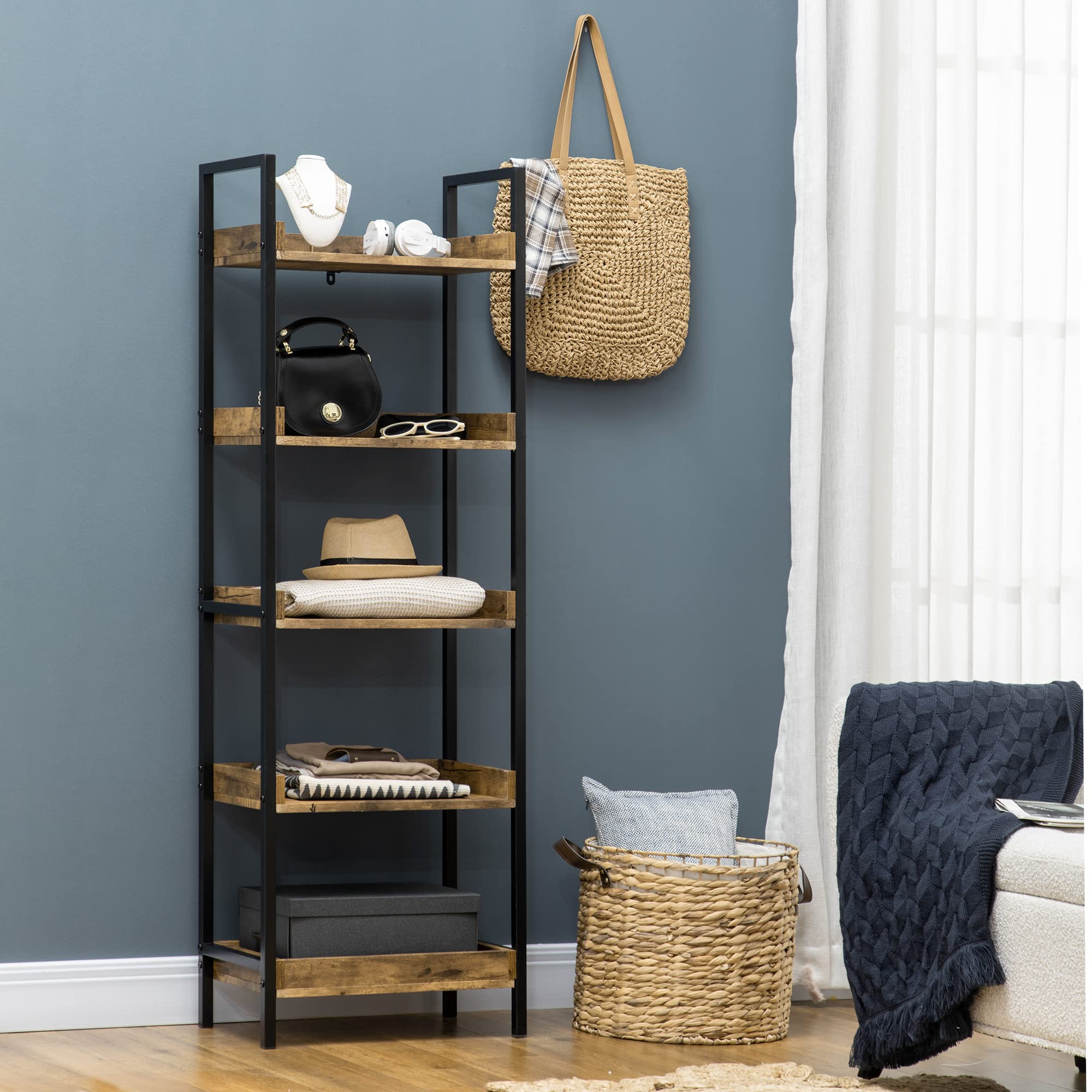HOMCOM Libreria Stile Industriale a 5 Ripiani, Mobile Libreria in Legno e Metallo per Casa e Ufficio, 48x30x155cm, Marrone Rustico