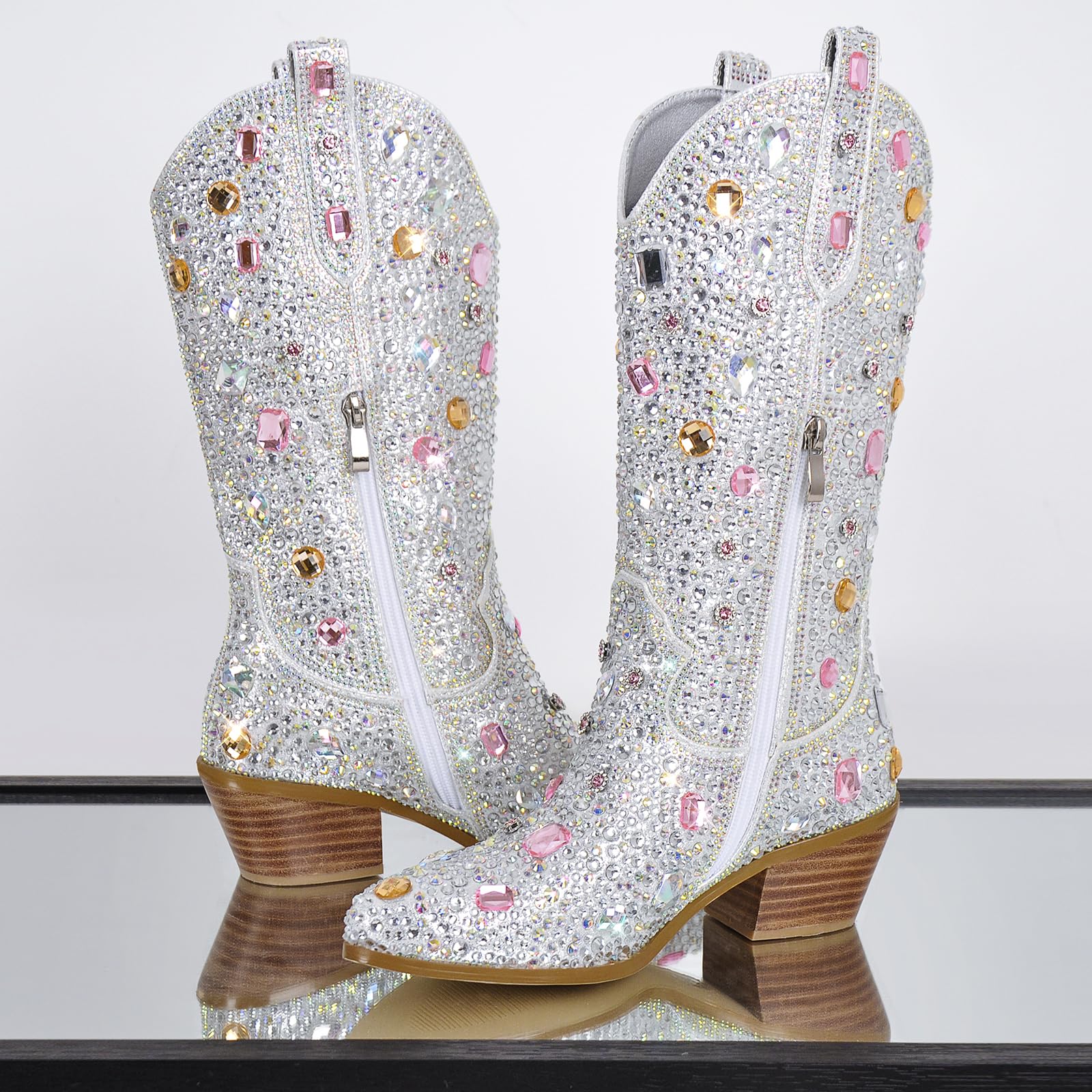 MissHeel Botines de vaquero brillantes con tacón de embudo con purpurina, botas occidentales decoradas con piedras preciosas