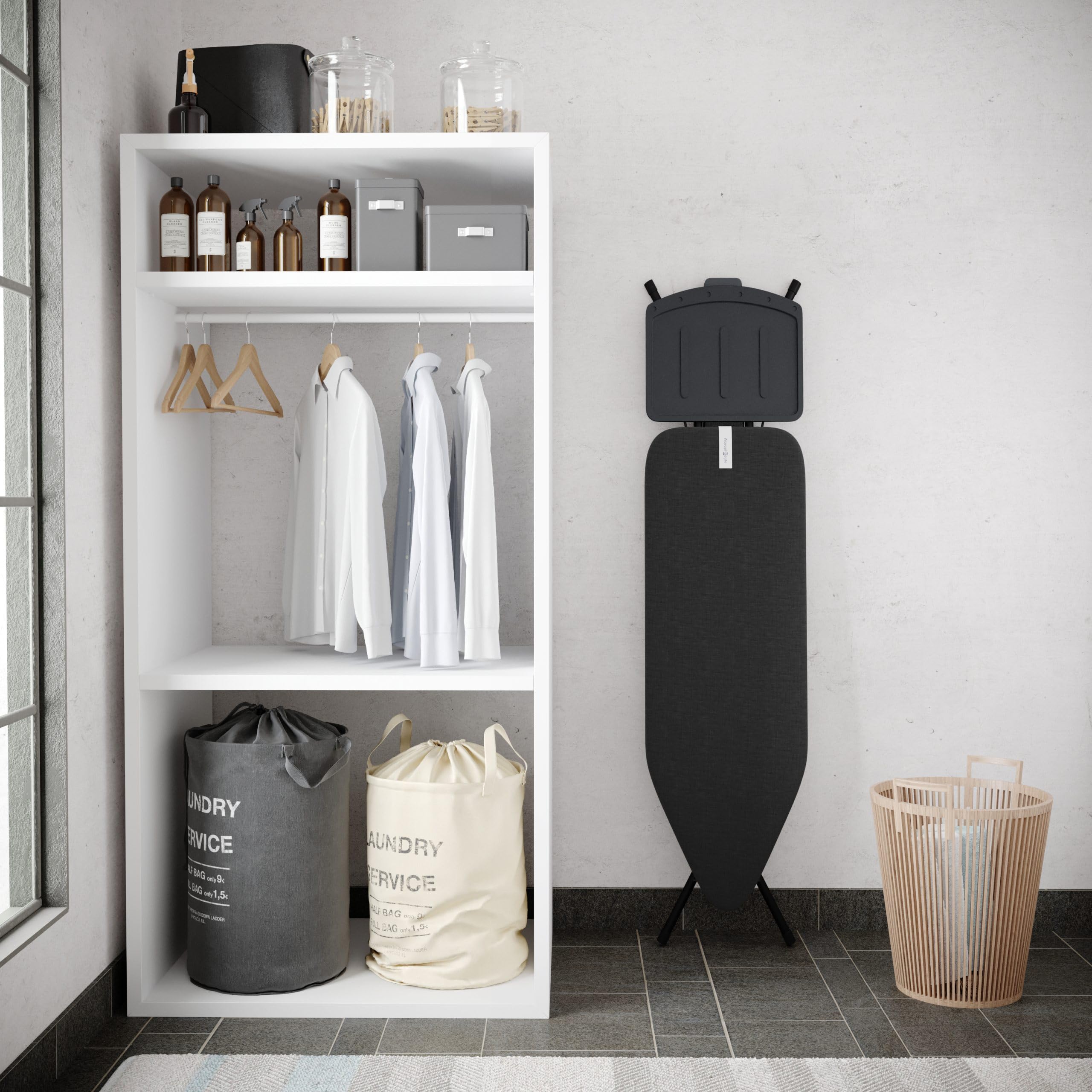 Bügelbrett – Mit Dampfbügelstation-Ablage – 122x38 cm – Stabil und standfest – Höhenverstellbar – Luxuriöses Bügelerlebnis – Farbe: Schwarz