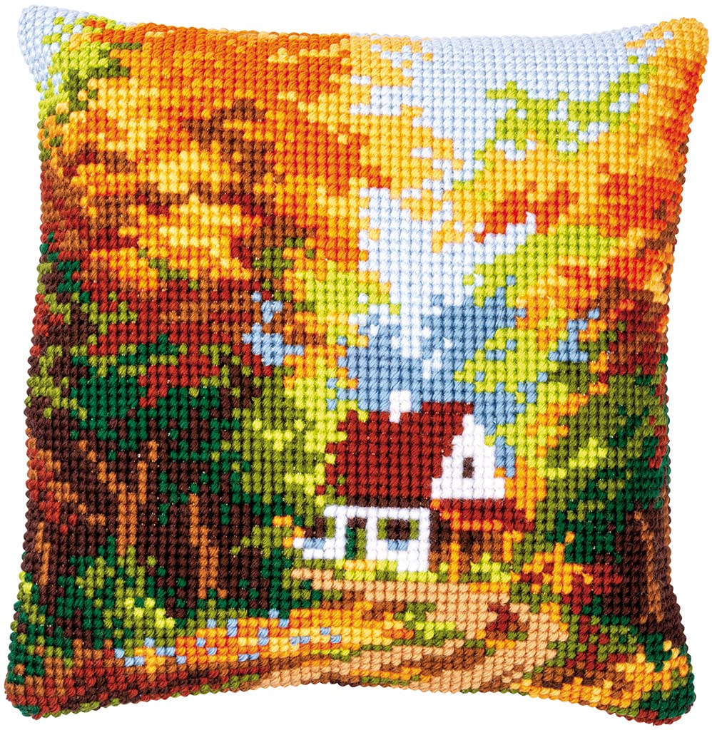 VERVACO Zestaw do Haftu Krzyżykowego Poduszka LEŚNY DOMEK Kanwa z Nadrukiem 40 x 40 cm Gruba Włóczka Akrylowa Zrób to Sam Dekoracja Domu DIY Cross Stitch Kit