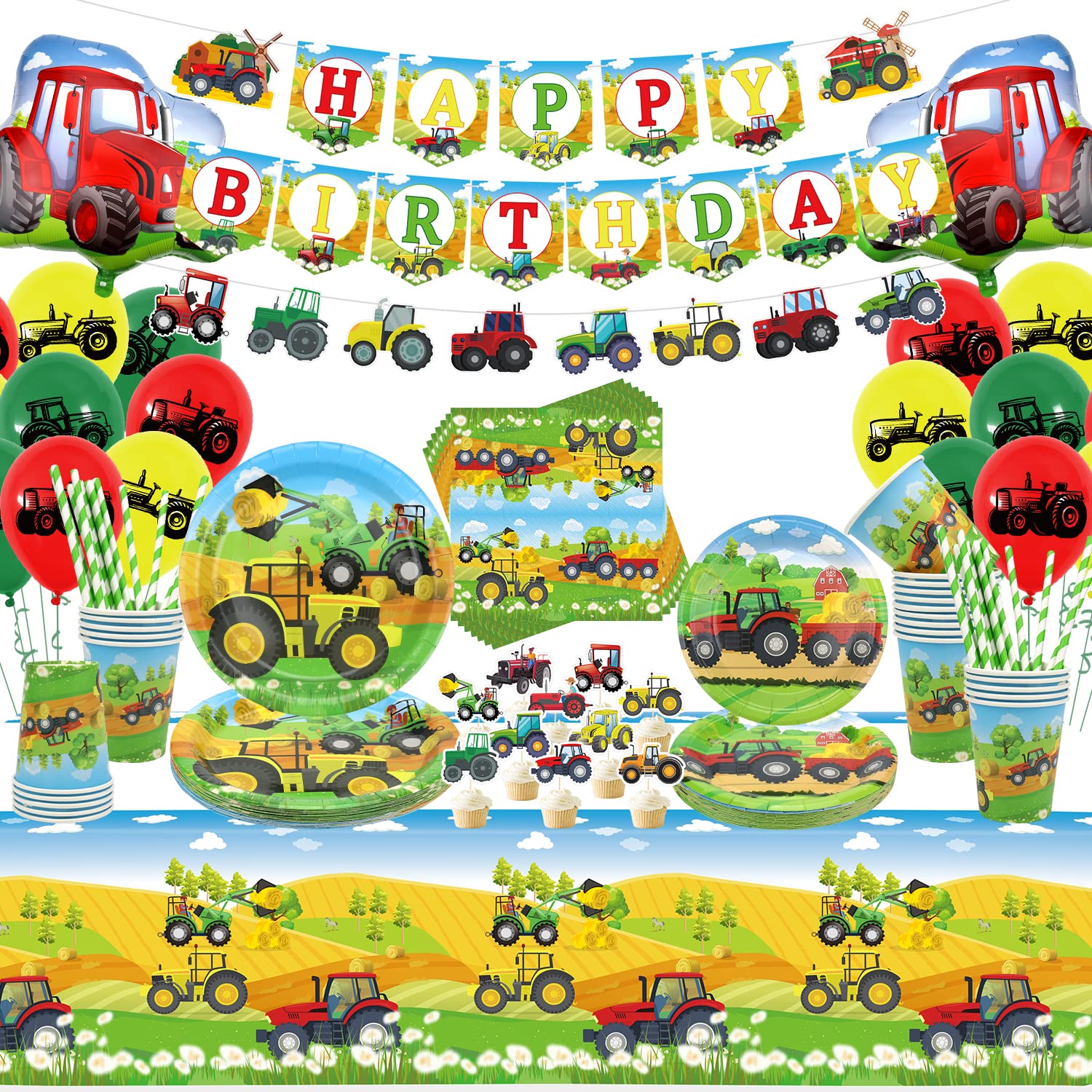 Tractor Party Supplies Tableware Set - Tractor Birthday Party Decorations, Farm Tractor Plates, Cups, Napkins, Tablecloth, Banner, Balloons, Cake Toppers for Tractor Party Decor - Serves 20