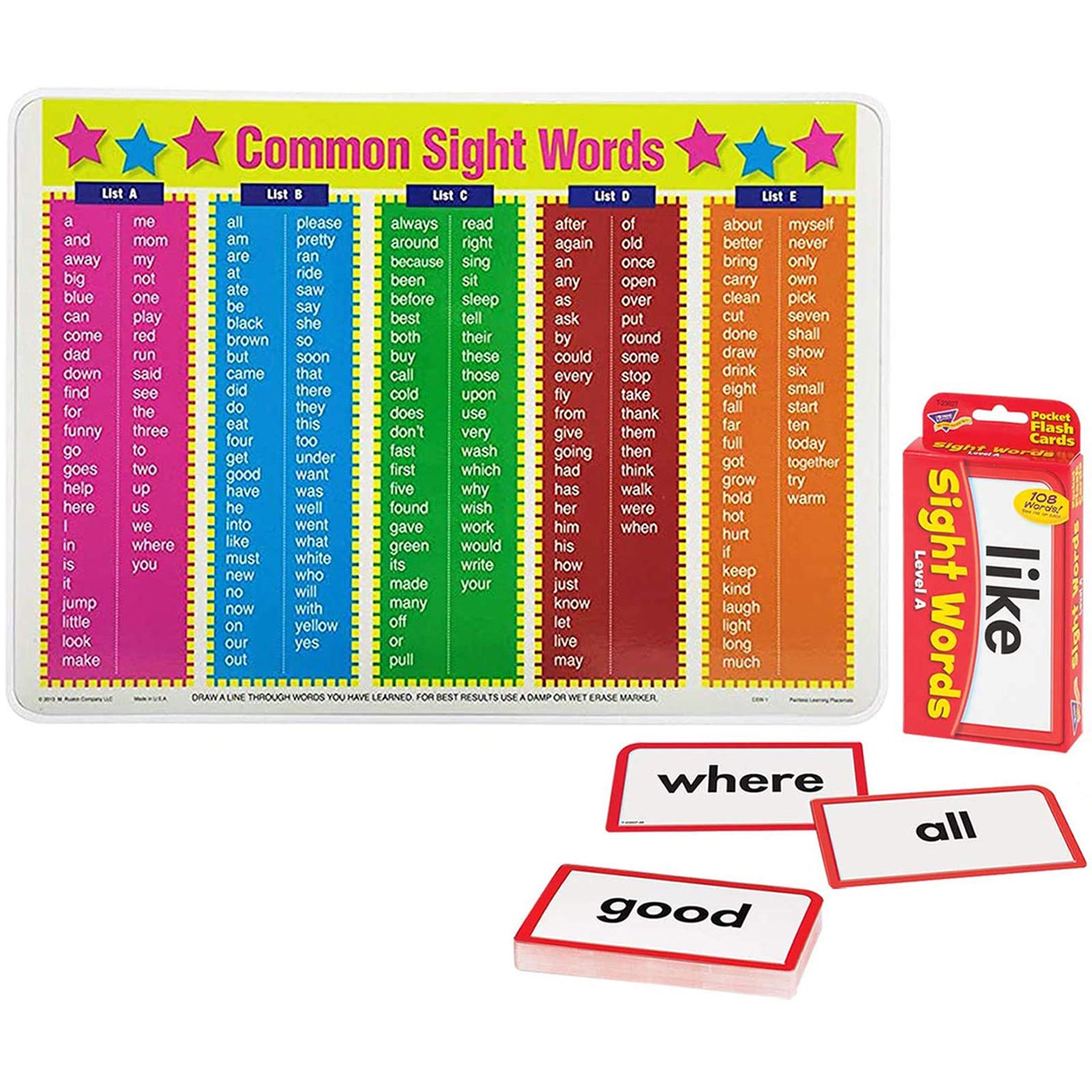 Amazon.com: Laminated Educational Placemat for Kids: Common Sight Words  Table Mat with Sights Words (Level A) Pocket Flash Cards | Set of 2 Items :  Home & Kitchen