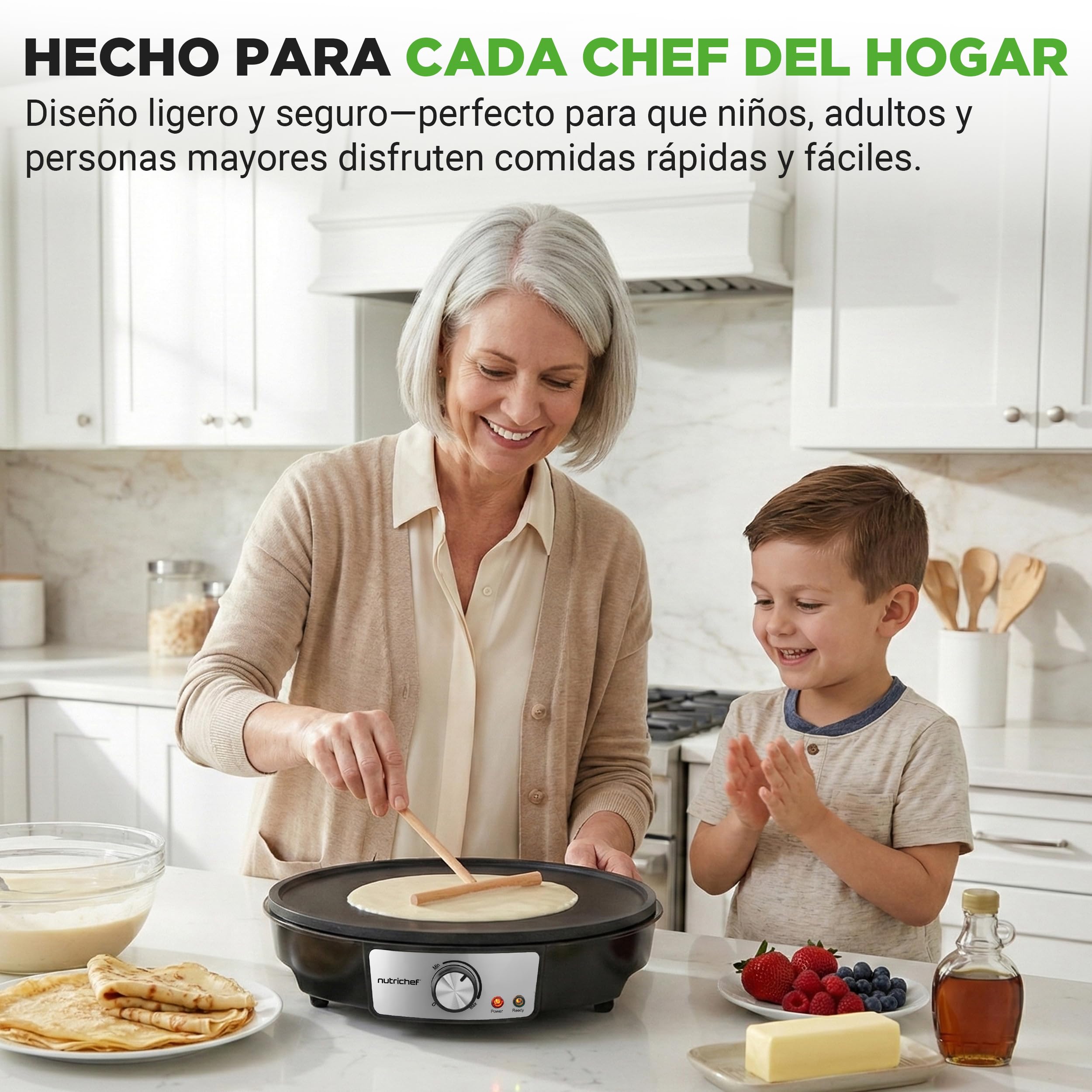NutriChef crepera electrica, Plancha de cocina, Placa antiadherente, Luces indicadoras LED, Control de temperatura ajustable, Incluye espatula de madera y esparcidor de masa