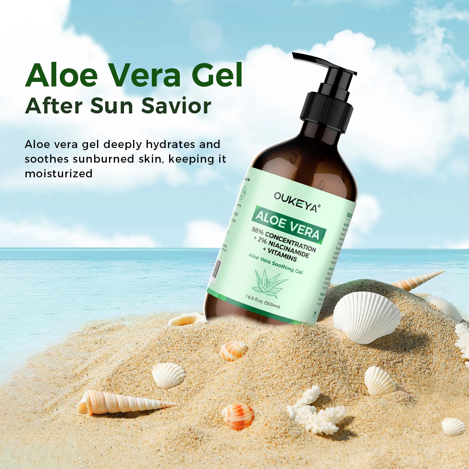 OUKEYA Aloe Vera Puro Gel 500ml + 2% Niacinamida, Para Cara, Cuerpo y Cabello, Para Quemaduras Solares, Rojeces y Piel Seca, Calma, Refuerza La Barrera Cutánea y Dermatológicamente Testado
