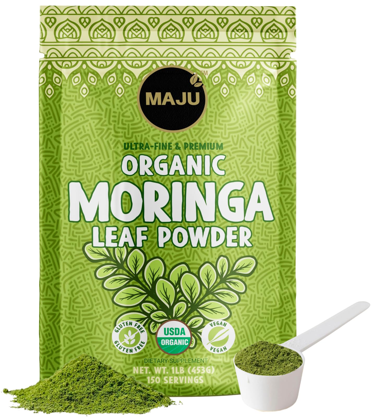 MAJU's Organic Moringa Powder (1 Pound), Oleifera Leaf, Extra-Fine Quality, Dried Drumstick Tree Leaves, For Tea, Smoothies, Food-Grade