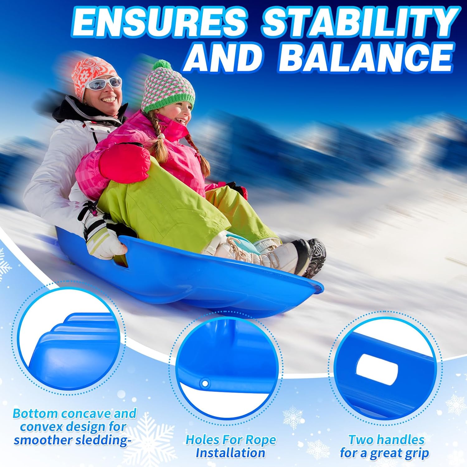 Snow Sled, 35" Sleds for Kids and Adult, Snow Sleds for Heavy Duty Fast Sliding, for 1-2 Riders with Handles and Pull Ropes
