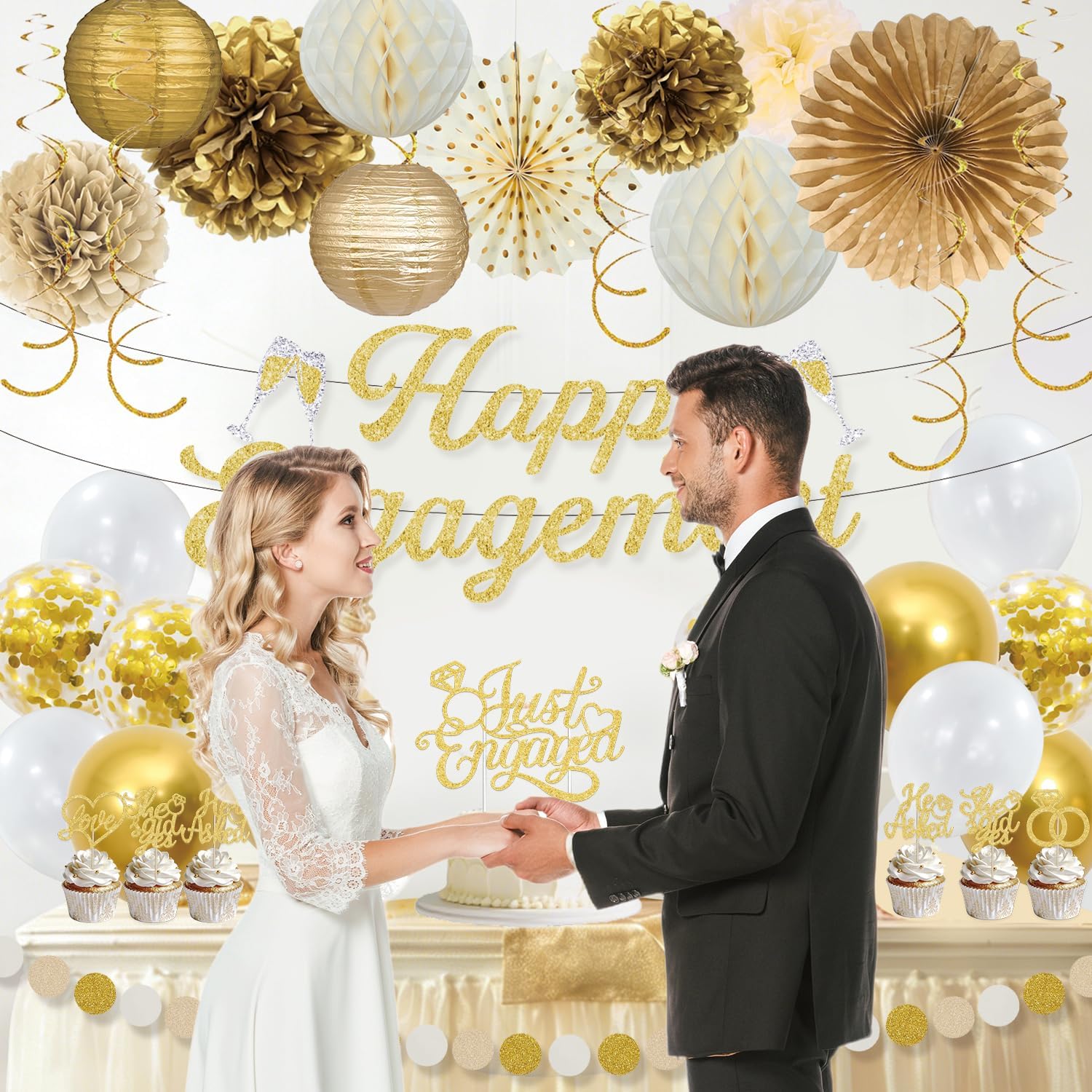 Champagne Gold Engagement Party Decorations ，Pre-Strung Glitter Happy Engagement Banner, Cake Topper，Cupcake Toppers，for Almost Married/Just Engaged Photo Background Decor - Image 2