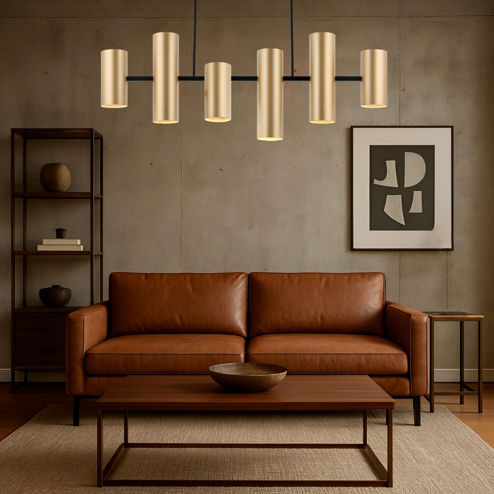 LEOLUX Metropolis – Lampadario Moderno a Sospensione 6 Luci – Design Architettonico a Cilindri – LED GU10 – Finitura Oro – Lampada da Soffitto per Soggiorno, Cucina e Sala da Pranzo