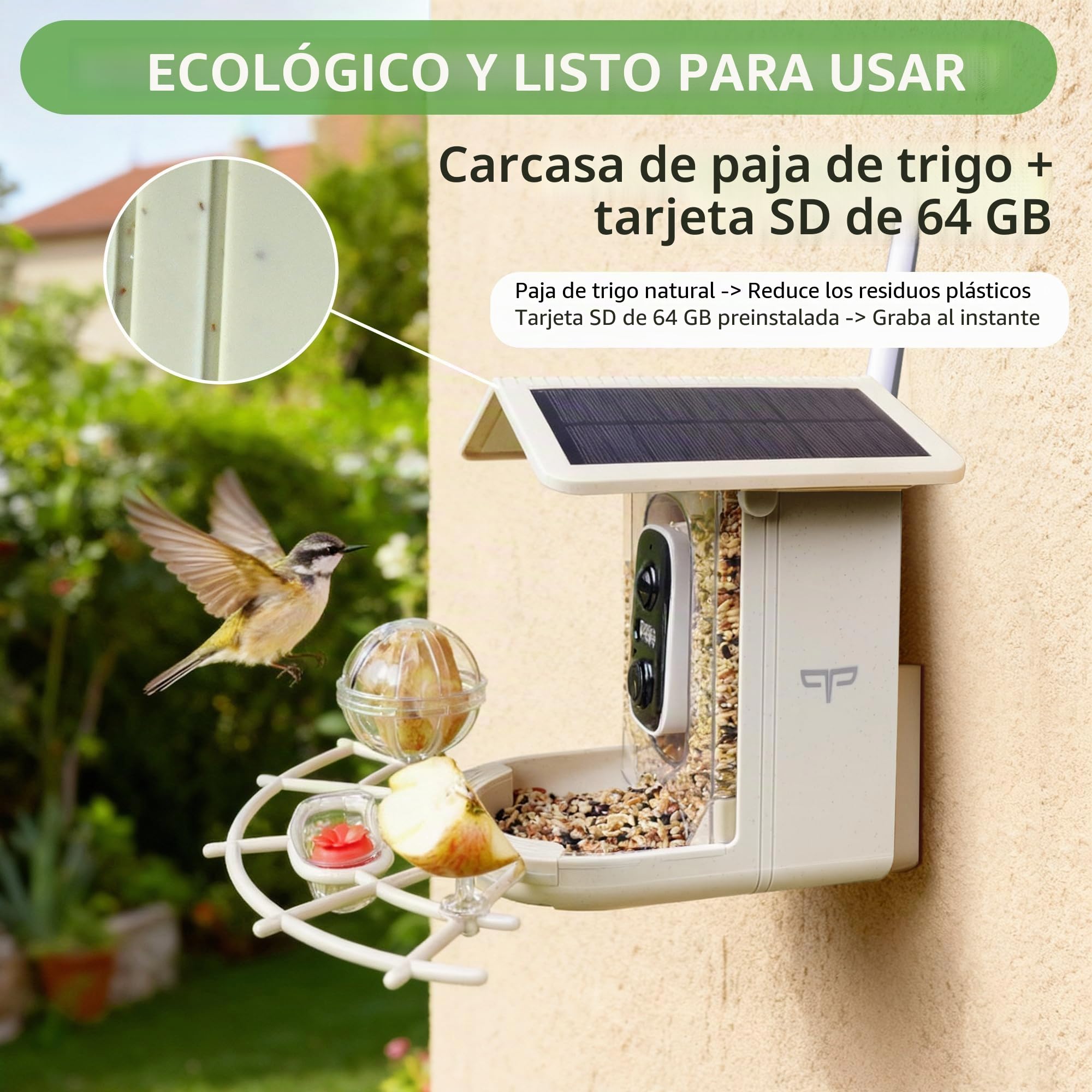 Origem Comedero Pajaros Exterior Paja de Trigo,1,7 L Solar Comedero Pajaros Camara,Prima SD de 64 GB,Impermeable IP65, Visión Nocturna 2K HD, AI Identifica 10000+ Pájaros, Notificación Instantánea