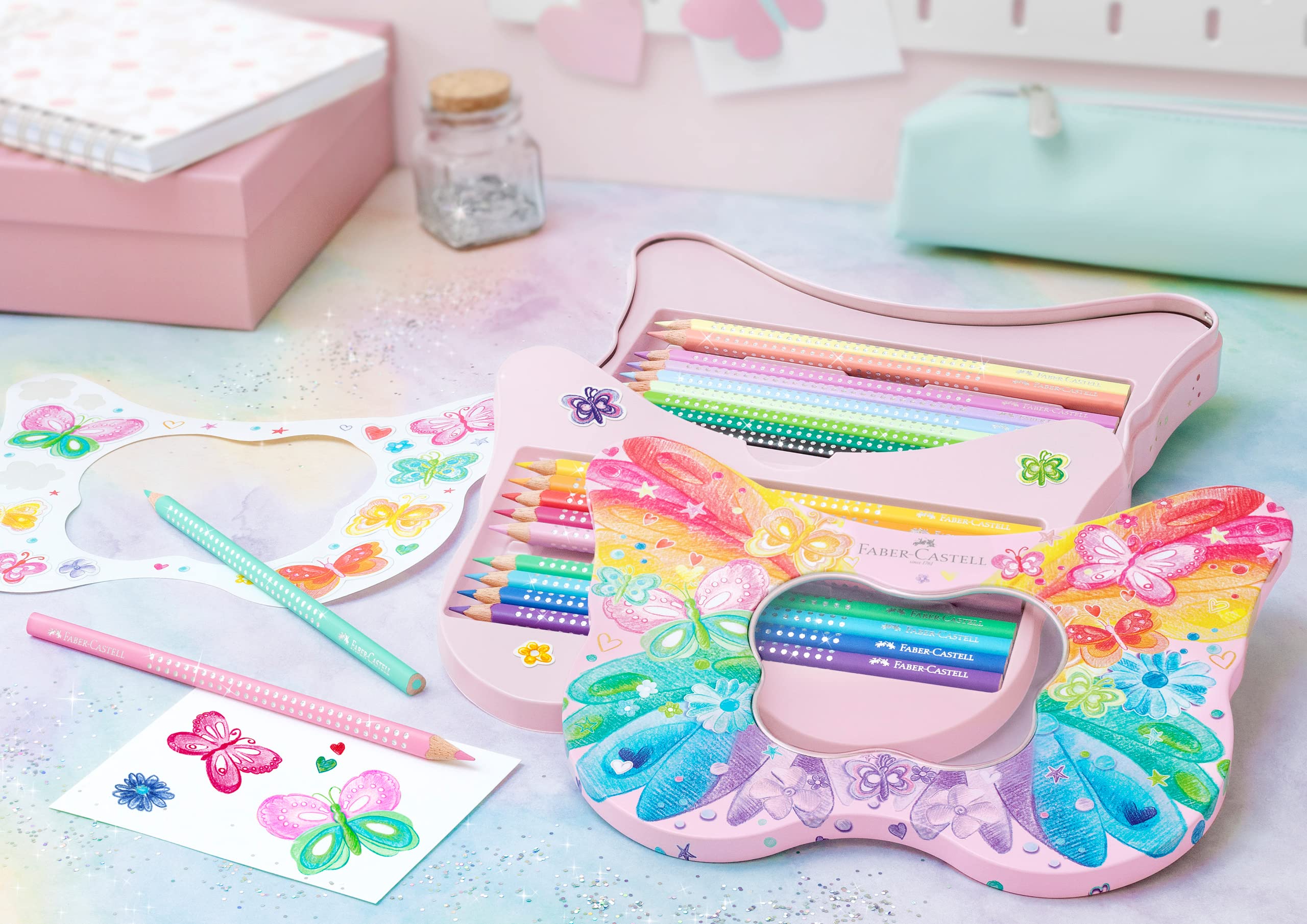 FABER-CASTELL - zestaw upominkowy Motyl Sparkle, 20 kredek | Zestaw kredek z 20 kredkami i naklejkami z motylkami