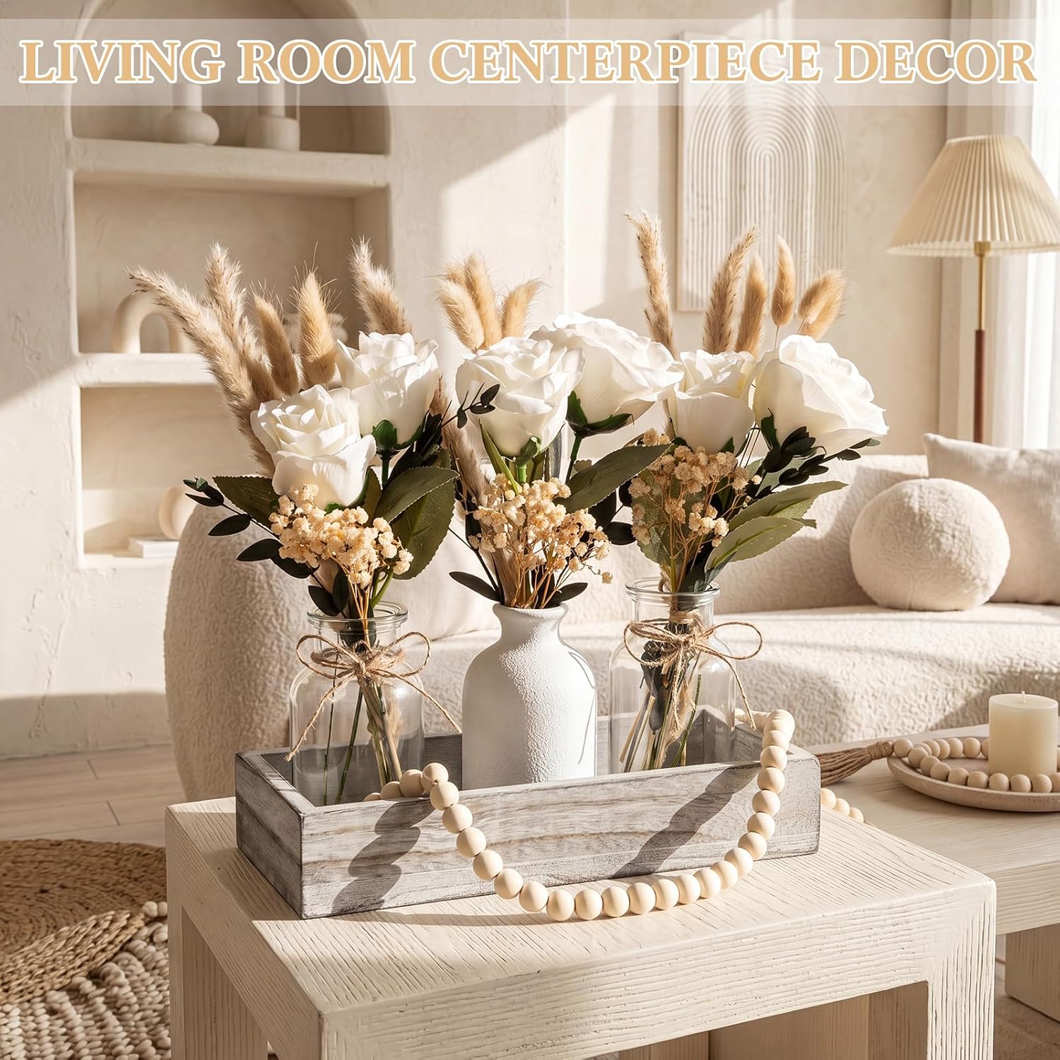3 Set Boho Dried Pampas Grass Table Centerpiece with Wood Tray | Fall Farmhouse Beige Centerpiece Decor, Boho Modern Artificial Flowers in Vases, for Coffee Table Wedding Dining Room Home