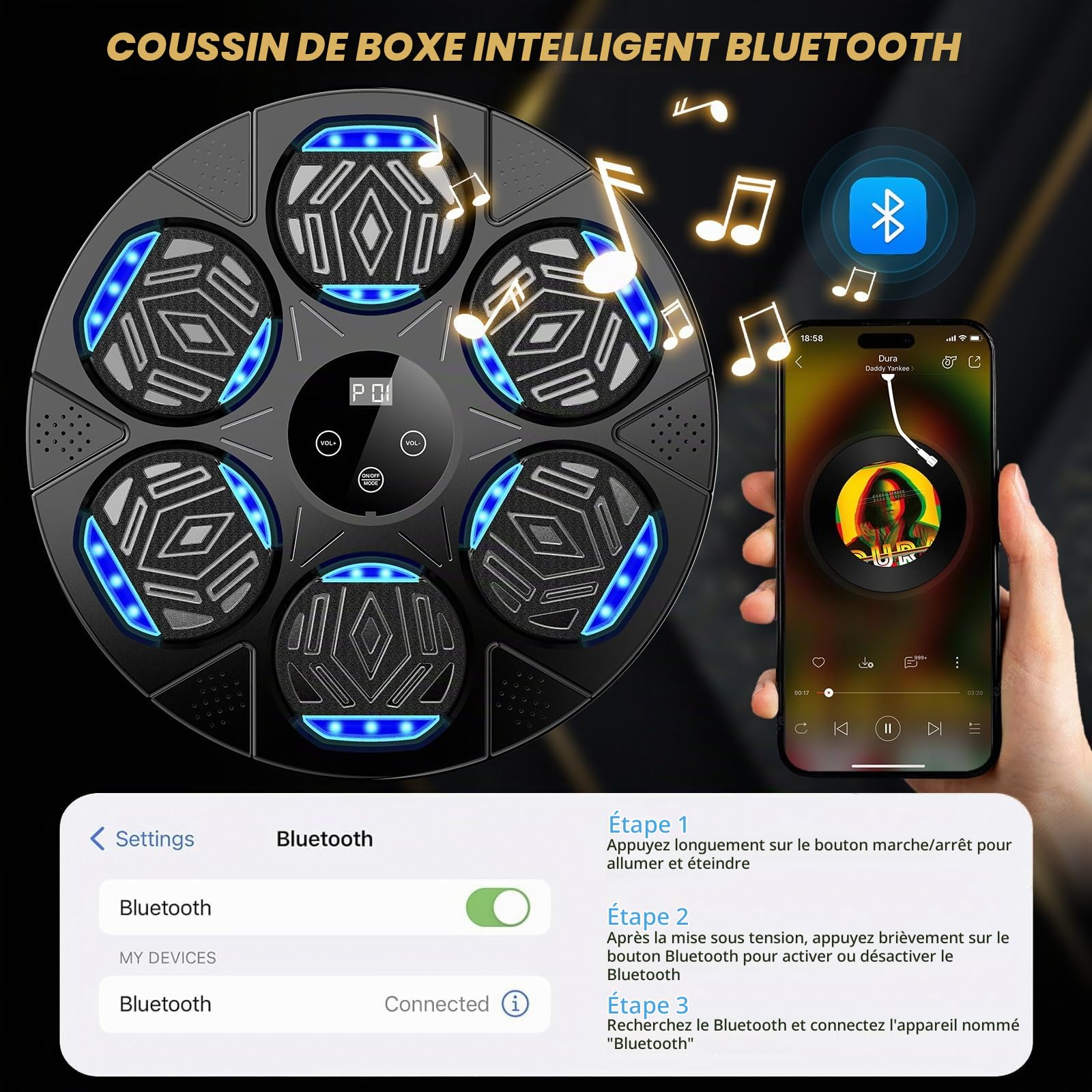 Machine de boxe musicale 2026 pour adultes et enfants, équipement d'entraînement de boxe Bluetooth intelligent avec gants à montage mural, machine de frappe d'entraînement pour la maison, le bureau et