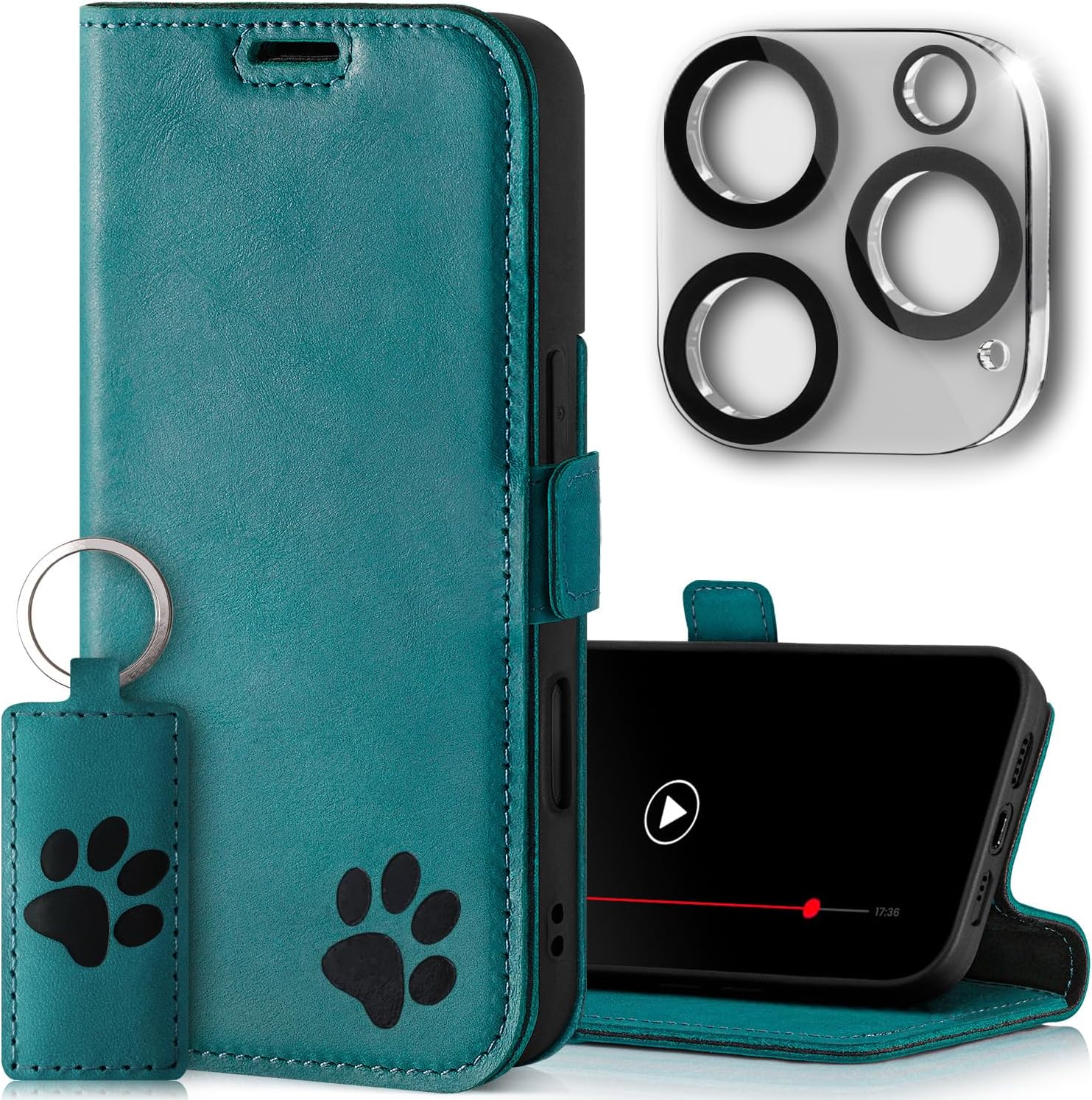 SURAZO Slim Magnetic Mobile Phone Case for Apple iPhone 16 Pro Leather - Genuine Leather Protective Case with Paw Motif RFID Flip Case [Stand Function, Card Slot, Camera Protection] Flip Cover Case