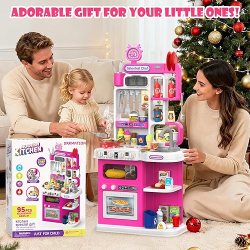 Vista 7 de Juego de cocina para niños, cocina de juego de 36.22 pulgadas para niños pequeños de 1 a 3 años con vapor, sonido y luz, estufa de cocina