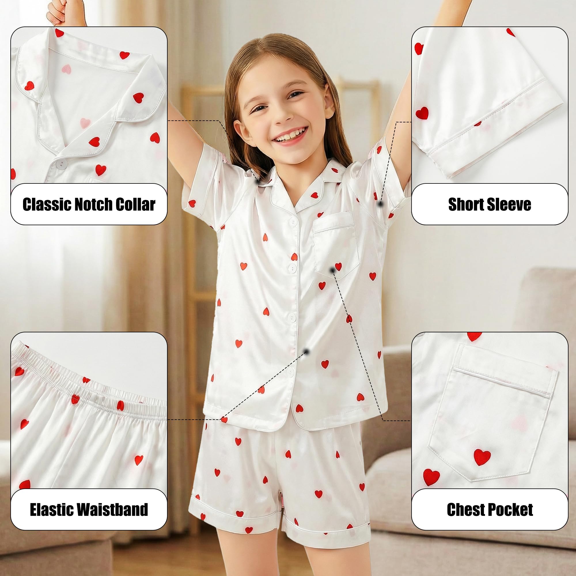 Ragazzi Ragazze Pigiama, Manica Corta Maglietta e Vita Elastica Pantaloni 2 Pezzi Satinato Abbigliamento da Notte, Morbido Leggero Abbigliamento Casa con Bottoni per Bambini 8-13 Anni