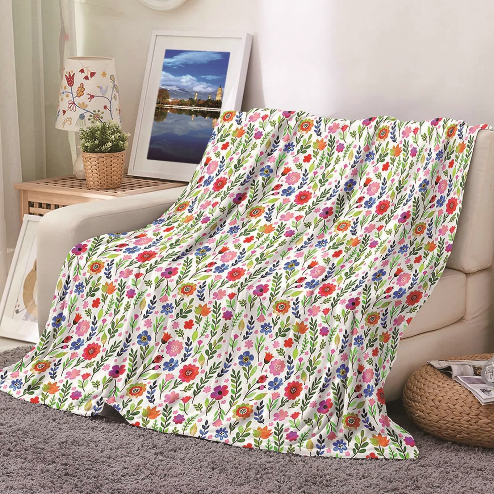 Aeici Koc polarowy, koc z nadrukiem dla dzieci, 180 x 220 cm, z kwiatami i liśćmi, narzuta na sofę, prezent dla dorosłych i dzieci