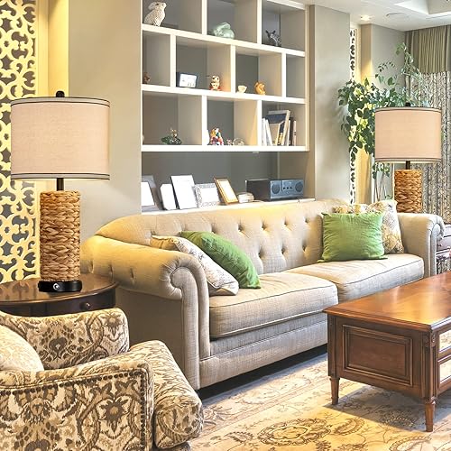 Miniatura 5 de Juego de 2 lámparas de mesa táctiles regulables de 3 vías, lámpara de mesita de noche de ratán costero con 2 puertos USB y salida de CA, lámpara de