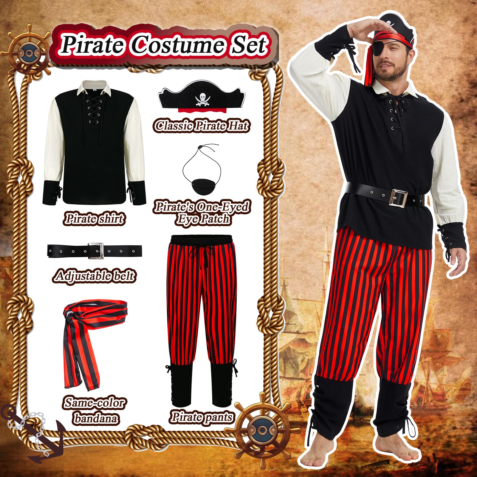 LPFNSF Men's Pirate Costume 6 Piece Set, Renaissance Shirt with Vest and Viking Pants for Halloween Pirate Festival, Cosplay (M) - Image 3