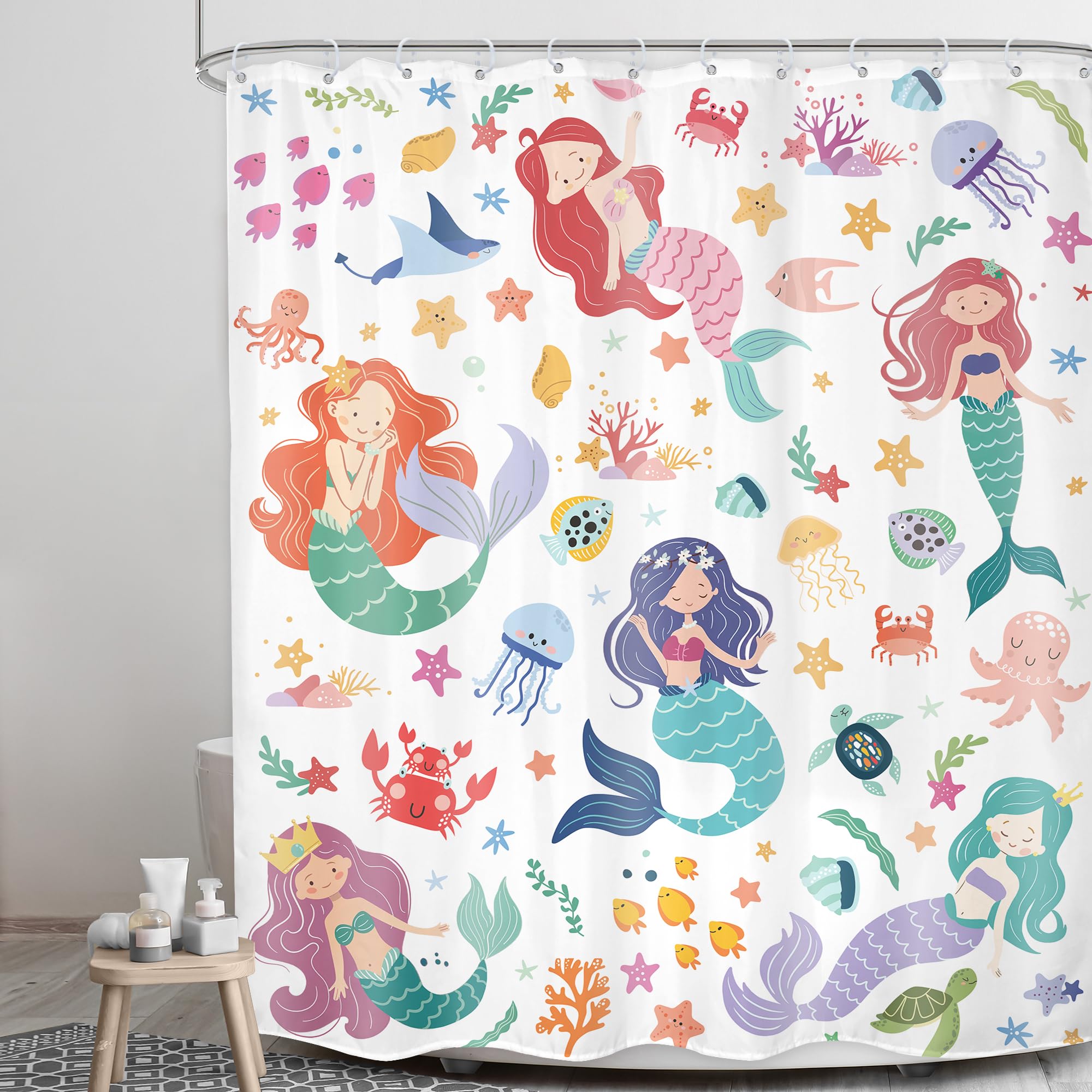 LGhtyro Kids Ocean Mermaid Shower Curtain Bathroom Set 60Wx71H Inches Underwater Cartoon Sea Animals Cute Octopus Coral Starfish Jellyfish Bath Accessories Princess Art Home Decor Fabric 12 Pack Hooks