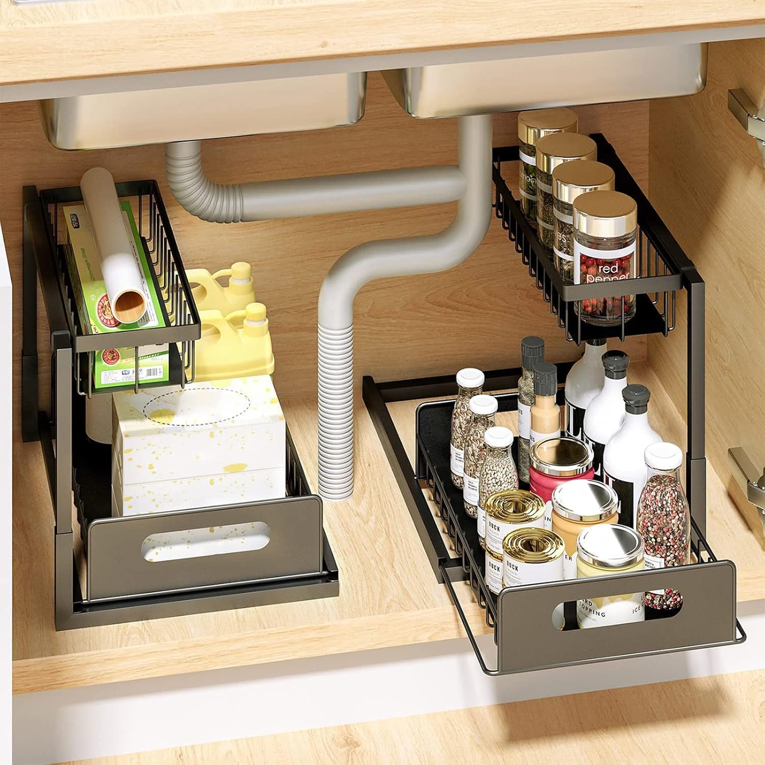 Under Sink Organizer, 2 Tier Pull Out Cabinet Organizer Shelf And Storage Double Shelf Drawer for Bathroom Kitchen, Multi-Purpose Sliding Drawers Baskets