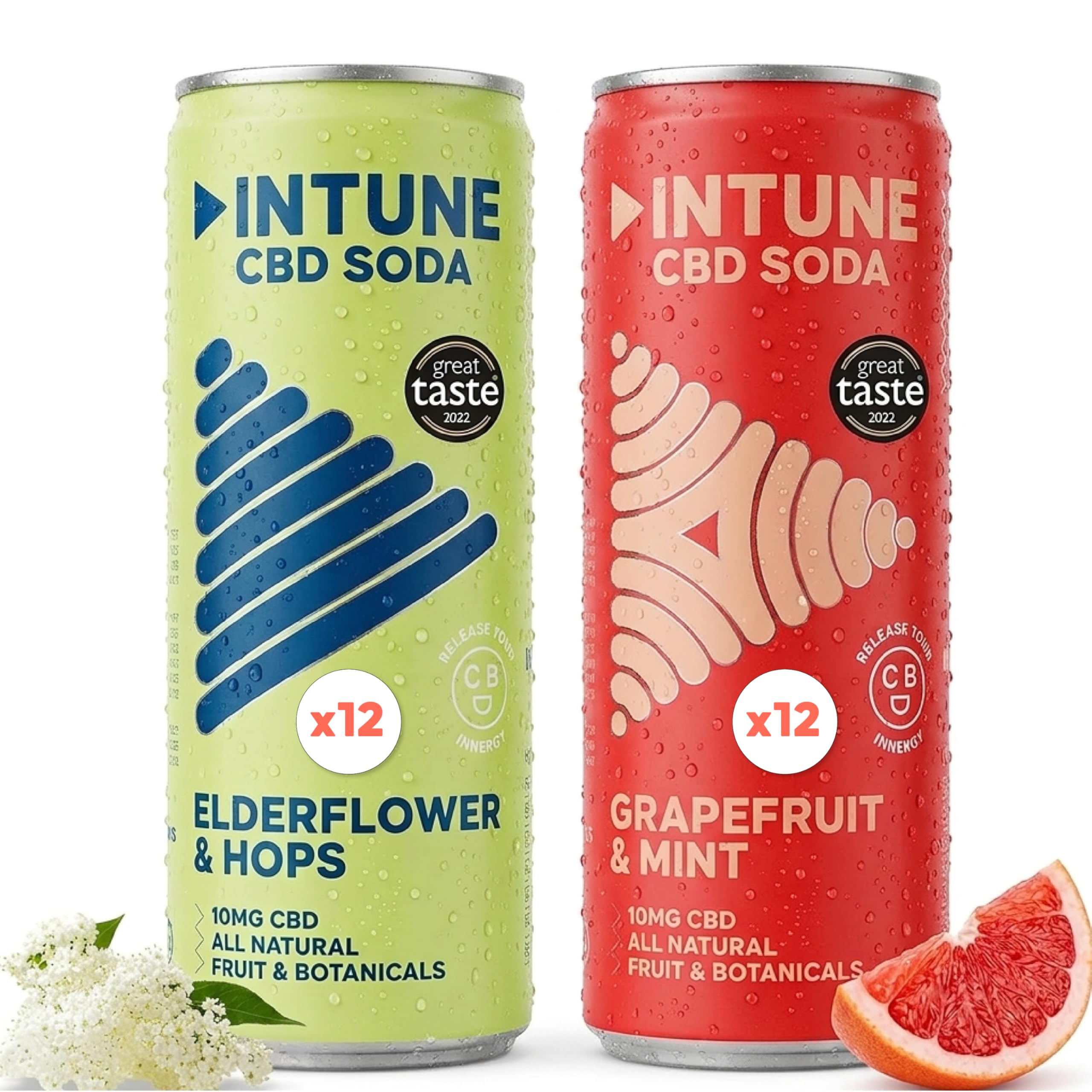 INTUNE CBD Drink Variety Pack | Grapefruit and Mint | Elderlflower Hops | Natural, Vegan, Low Calorie Drink | CBD Infused Soft Drinks | CBD can | 24 x 250ml Cans