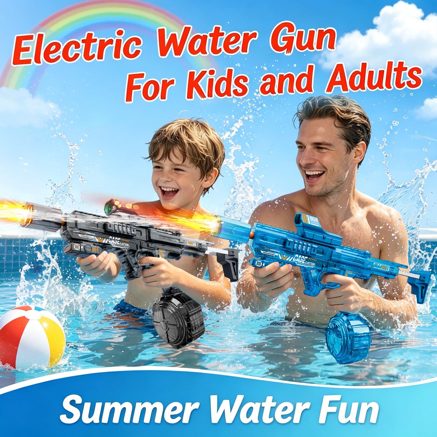 Elektrische Wasserpistole für Erwachsene und Kinder, Automatische Wasserspritzpistole mit LED-Lichtern, Wiederaufladbarer Batterie WasserPistolen für Sommer Strand Pool Wasserspaß Spielzeug, Blue