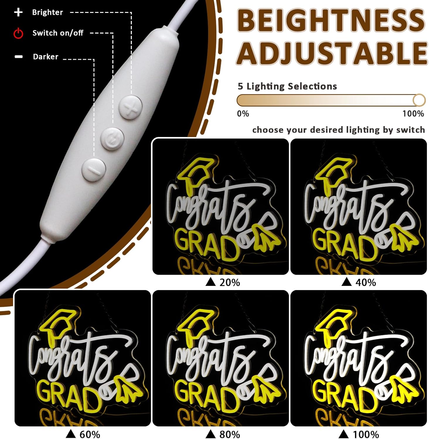 Congrats Grad Neon Sign for Wall Decor, Graduation Cap Led Signs for Celebration Party, USB Dimmable White Yellow Neon Lights for Dorm Room Backdrop Photo Background Wall Graduating Gifts