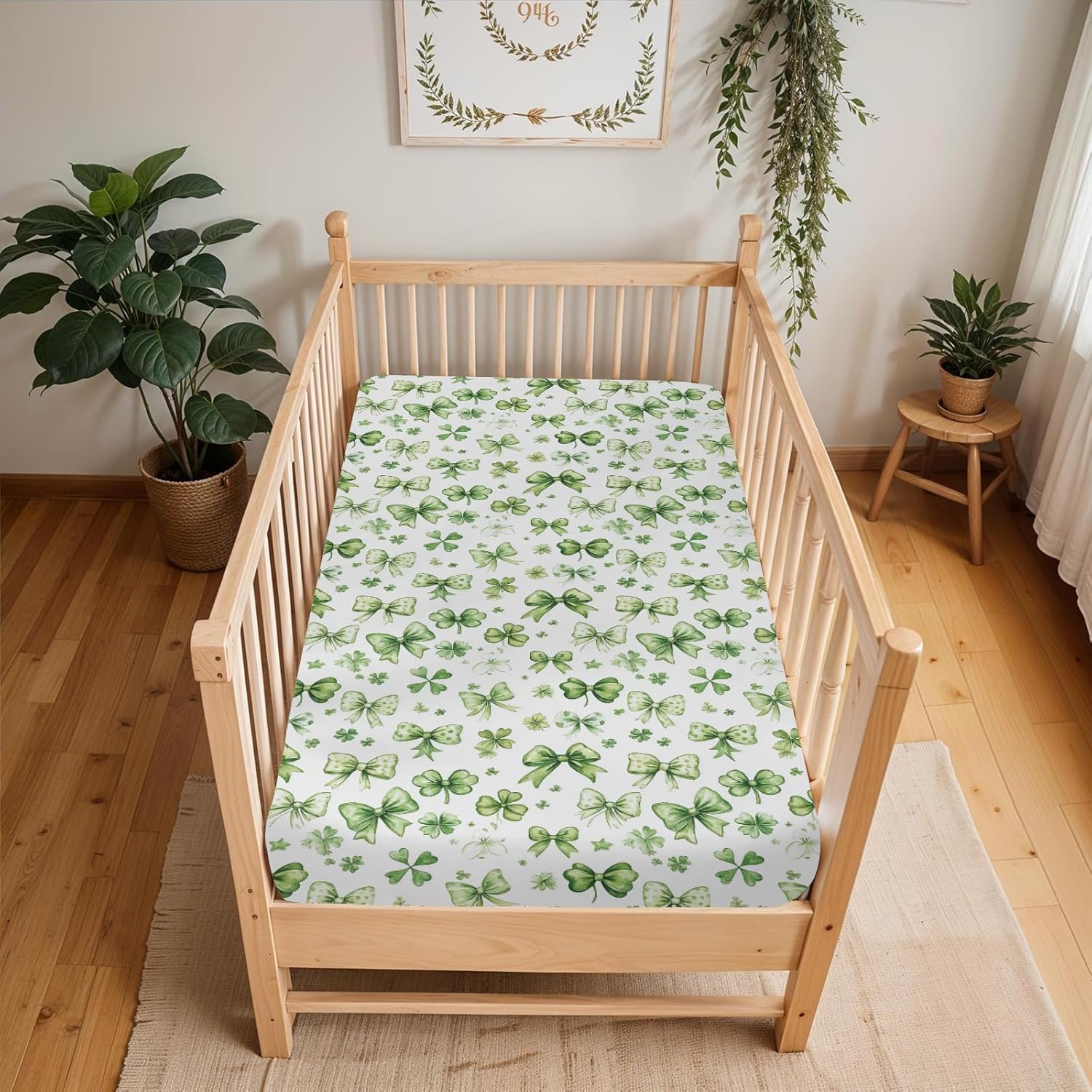 Green Lucky Shamrocks Bows Baby Crib Sheets for Boy Girl 52x28Inch Green Clovers Irish Soft Stretchy Fitted Crib Mattress Cover St. Patrick's Day Baby Sheet for Standard Crib & Toddler Mattress Pad