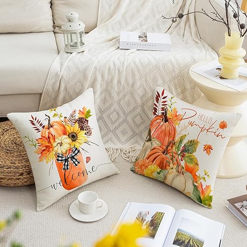 Miniatura 67 de Juego de 4 fundas de almohada de calabaza de otoño de 18 x 18 pulgadas, decoración de otoño, a rayas, para Acción de Gracias, casa de campo, 18 x 18