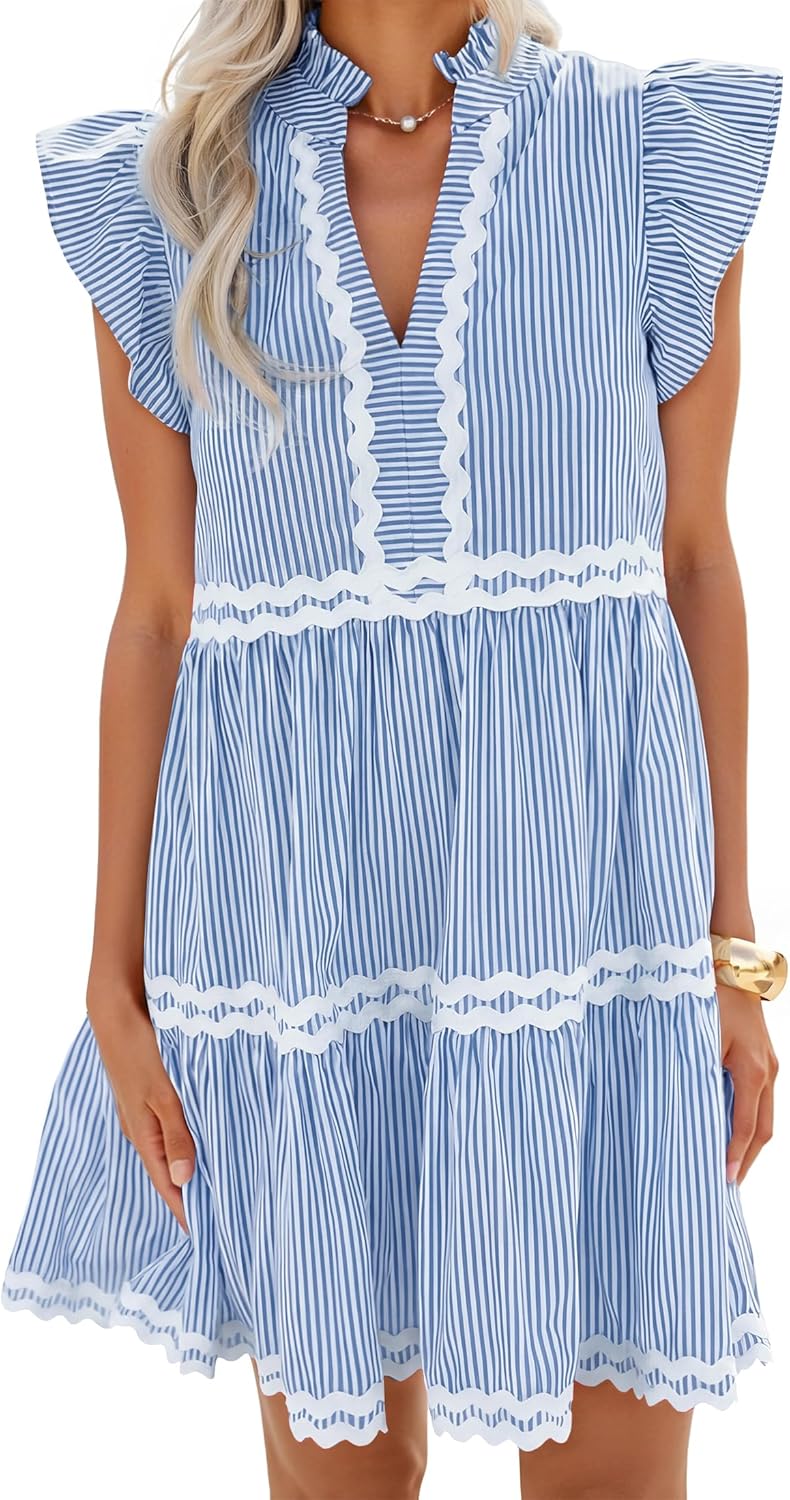 ZESICA Women's Summer Casual Mini Dress 2026 V Neck Flutter Short Sleeve Striped Ruffle A Line Beach Vacation Dresses