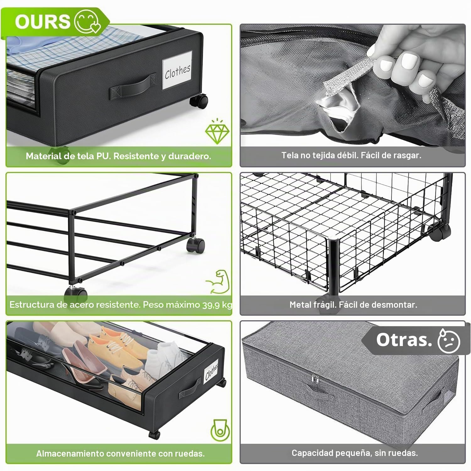 Caja de Almacenamiento Debajo de la Cama Con Ruedas y Marco Metálico,2 Piezas Versátil Organizador Ropa Para Zapatos Mantas Juguetes,Grande Capacidad,Negro,2 Piezas