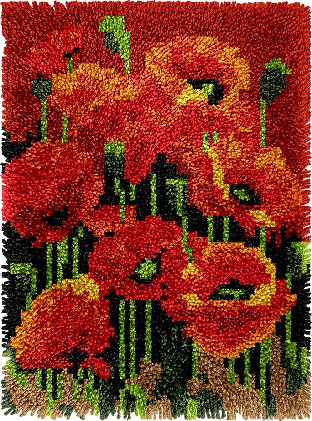 FWRTYCB Latch Hook Rug Kits, DIY Latch Hook Rug,Poppy Flowers Home Carpet Rug Making Canvas Kits,20X15Inch DIY Crochet Kits Embroidery Kits Needlework Crafts for Home Decor, Latch Hook Kits for Begi