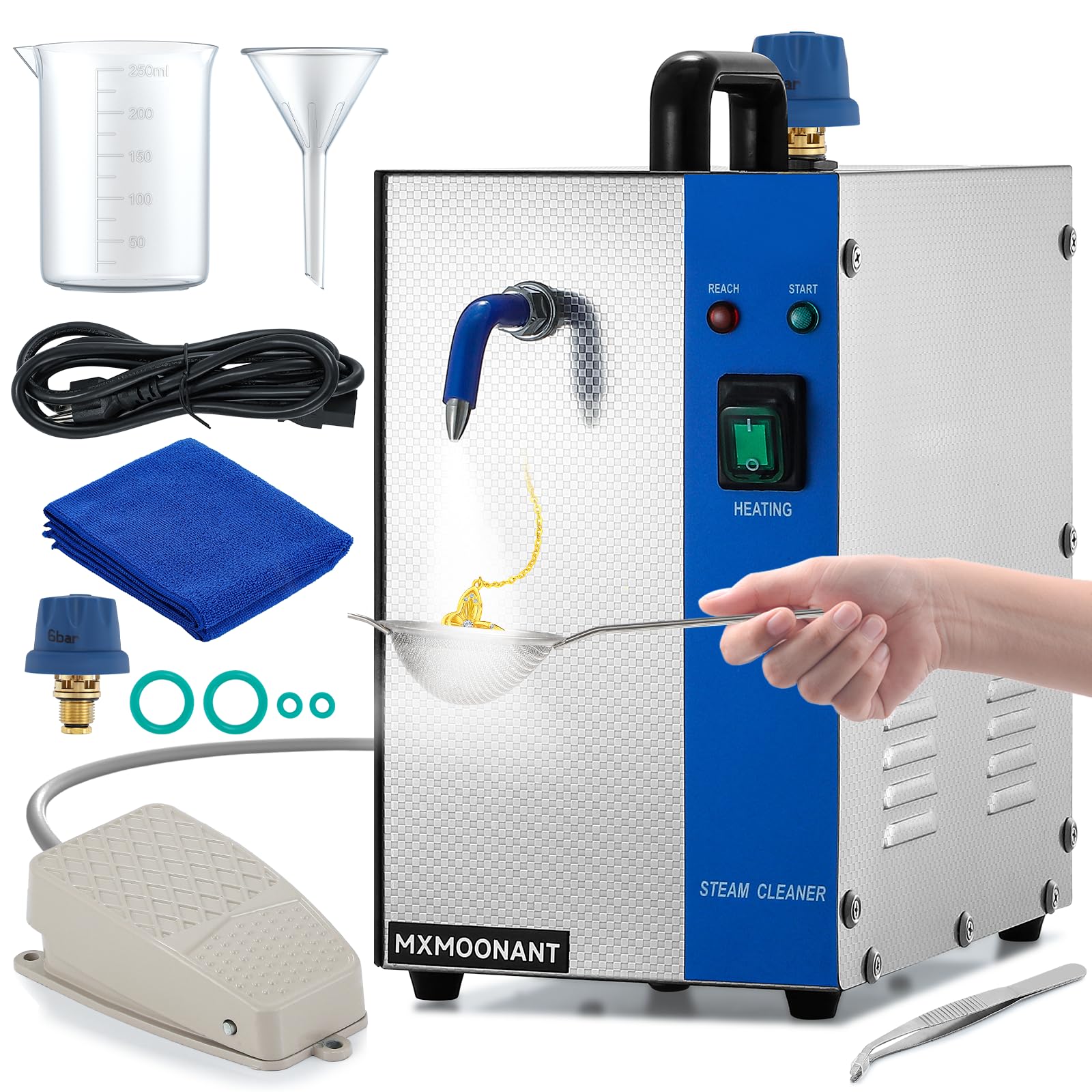 Mxmoonant Jewelry Steam Cleaner 2L/0.52 gal(0.8L Liquid Capacity), 135°C/275? High-Pressure, 8-Min Heat Up w/Tweezers, Fine Mesh Strainer, Towel, Professional for Cleaning Silver, Gold, Gem, Diamond